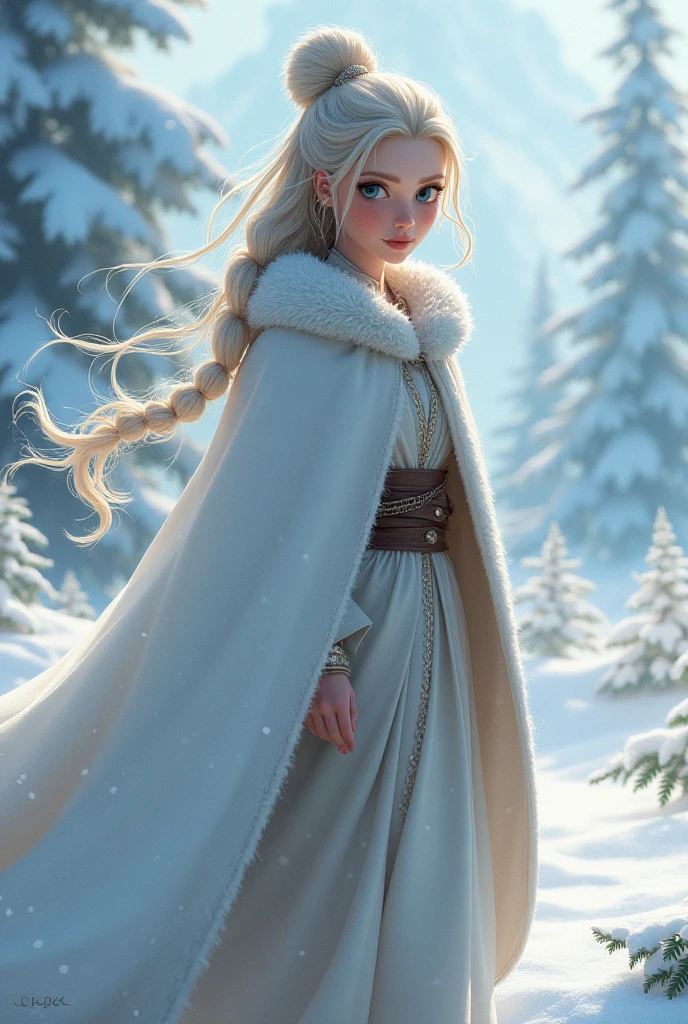 Full body image, (high resolution:1.4). Q version style. cloak, dress, Elsa of Arendelle, Fur trim, single_Weaving, snowflake_pattern, Smile, snow,