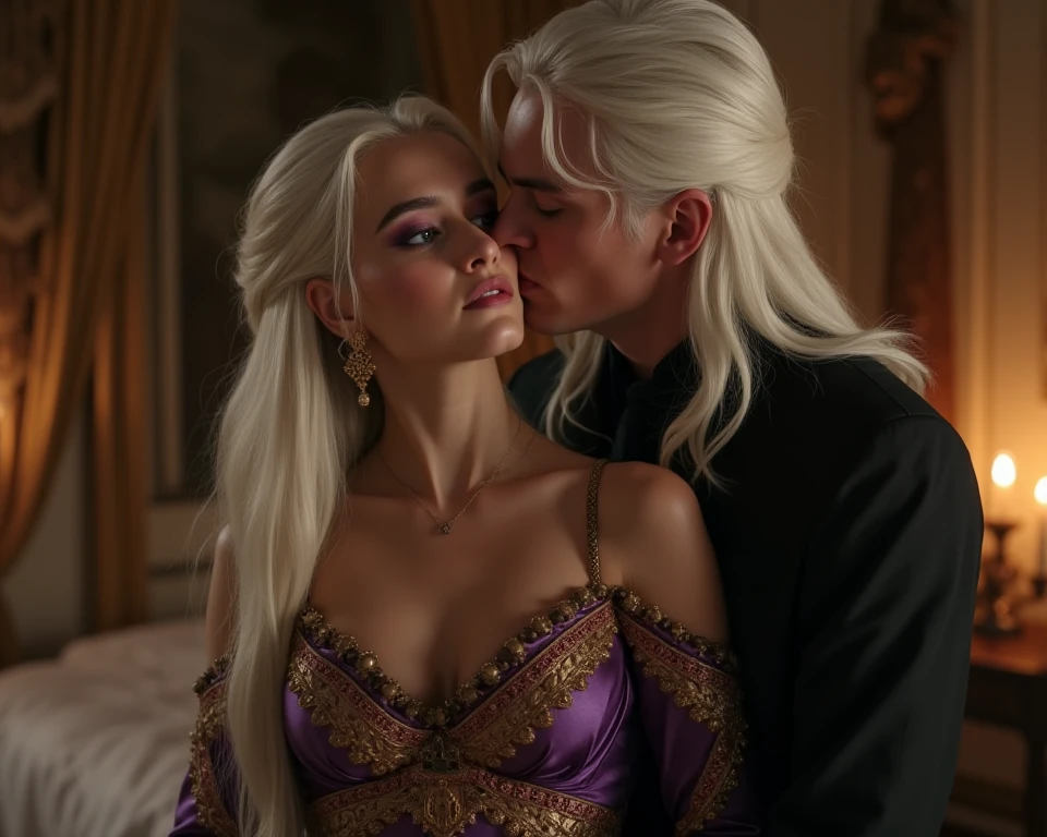 Game of thrones Prince Aemond Targaryen He is kissing the Barbra Bracken in the photo, the height of the woman is 170, the height of the prince is 186, the woman is wearing an outfit that shows her green body lines a little She is realy hot and big white hairs .Her butt almost protrudes from the dress.  Prince Aemond features: He has white hair, with a pirate band on one eye. He's weak, but his muscles are showing, and he's also palming the other person's buttocks. Barbra Bracken features: She has a very large hip, almost overflowing from the dress. Her beautiful black hair was visible, while some of her underwear overflowed from her green dress.