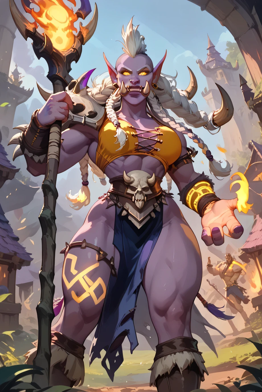 a cinematic fullbody shot of a world of warcraft female troll Shaman casting ref fire magic spells with staff, battlefield in background, unreal engine 5, HD, masterpiece, best quality, hyper detailed, ultra detailed ((Trolls large pointed ears, large nose, fangs tusks, sexy beautiful female troll, ((toned body,, curvy, thick thighs, wide hips, narrow waist, thigh gap:1.2) dark purple skin, white hair, (big high flipped mohawk with braids hairstyle:1.4), tribal tattos, sexy, ((very dark purple skin:1.1)) ) big lower fangs, raised eyebrow, fierce, powerful, menancing, grim, yellow glowing eyes, dark, evil, macabre, ,. voodoo shaman troll, whitch doctor, shadow hunter. highly detailed face, dynamic posing, from below, battle ready, ((full body view, standing over viewer:1.4) ((huge lower fangs coming out))