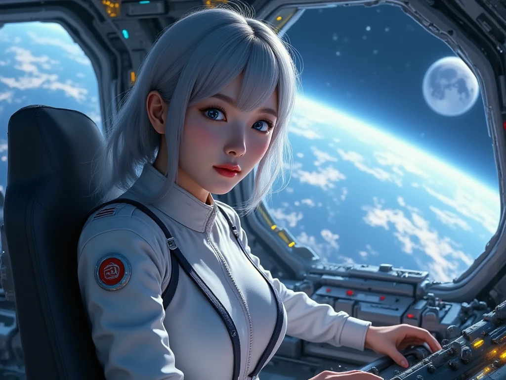A teenage girl wearing futuristic outfits, inside a space capsule in space, in the background of the image a burning planet, spaceships flying in the background, style sci-fi