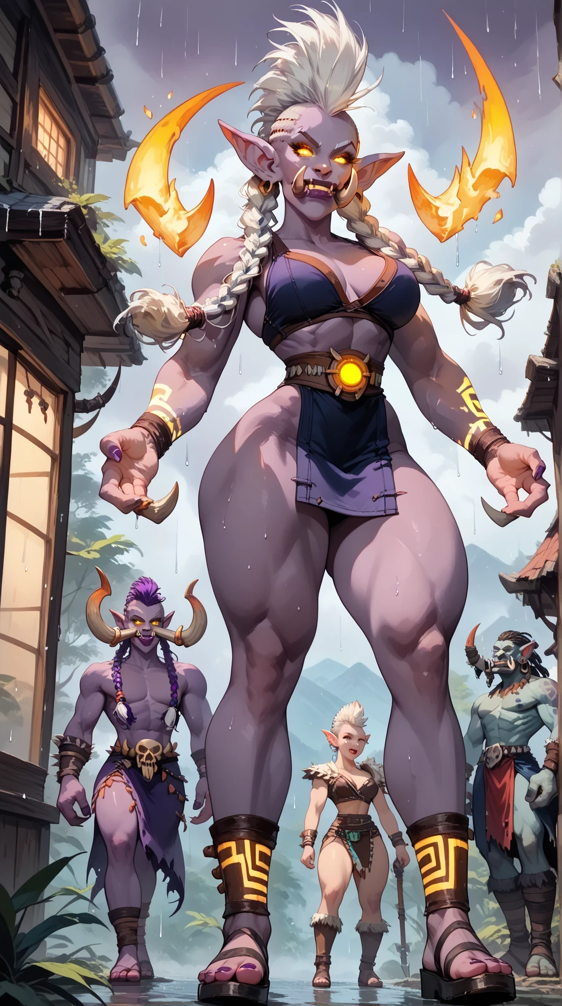 a cinematic fullbody shot of a world of female warcraft troll Shaman casting lightning magic spells, raining in background, unreal engine 5, HD, masterpiece, best quality, hyper detailed, ultra detailed((Trolls large pointed ears, large nose, fangs tusks, sexy beautiful female troll, ((toned body,, curvy, thick thighs, wide hips, narrow waist, thigh gap:1.2) dark purple skin, white hair, (big high flipped mohawk with braids hairstyle:1.4), tribal tattos, sexy, ((very dark purple skin:1.1)) ) big lower fangs, raised eyebrow, fierce, powerful, menancing, grim, yellow glowing eyes, dark, evil, macabre, ,. voodoo shaman troll, whitch doctor, shadow hunter. highly detailed face, dynamic posing, from below, battle ready, ((full body view, standing over viewer:1.4) ((huge lower fangs coming out))