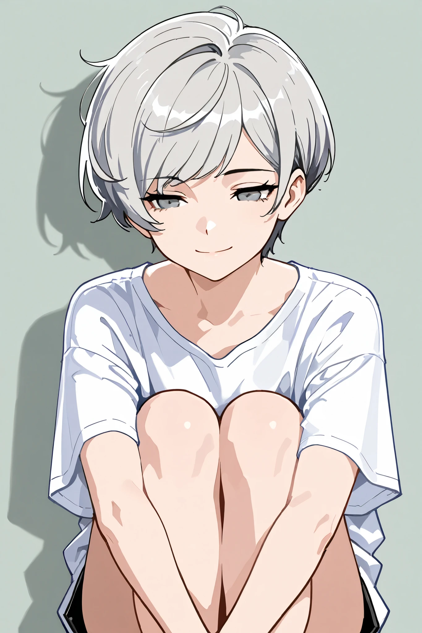 best quality, masterpiece,highest resolution, 1girl, solo, gray hair,pixie cut, expressionless eyes, solitude expression, smile, gray eyes, white shirt, short, sitting, clean background