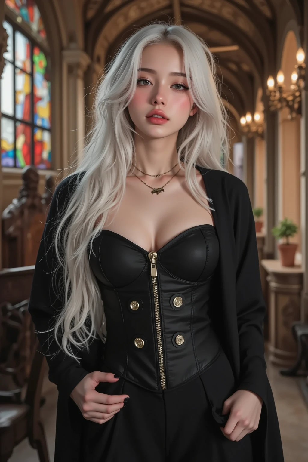 girl with white hair,with bangs, black gloves, gothic, blouse, skirt, 4K, ((masterpiece)), perfect body, stem,perfect eyes, perfect shading, perfect lighting, (best quality, work of art, ultra detailed, detailed clothing) 