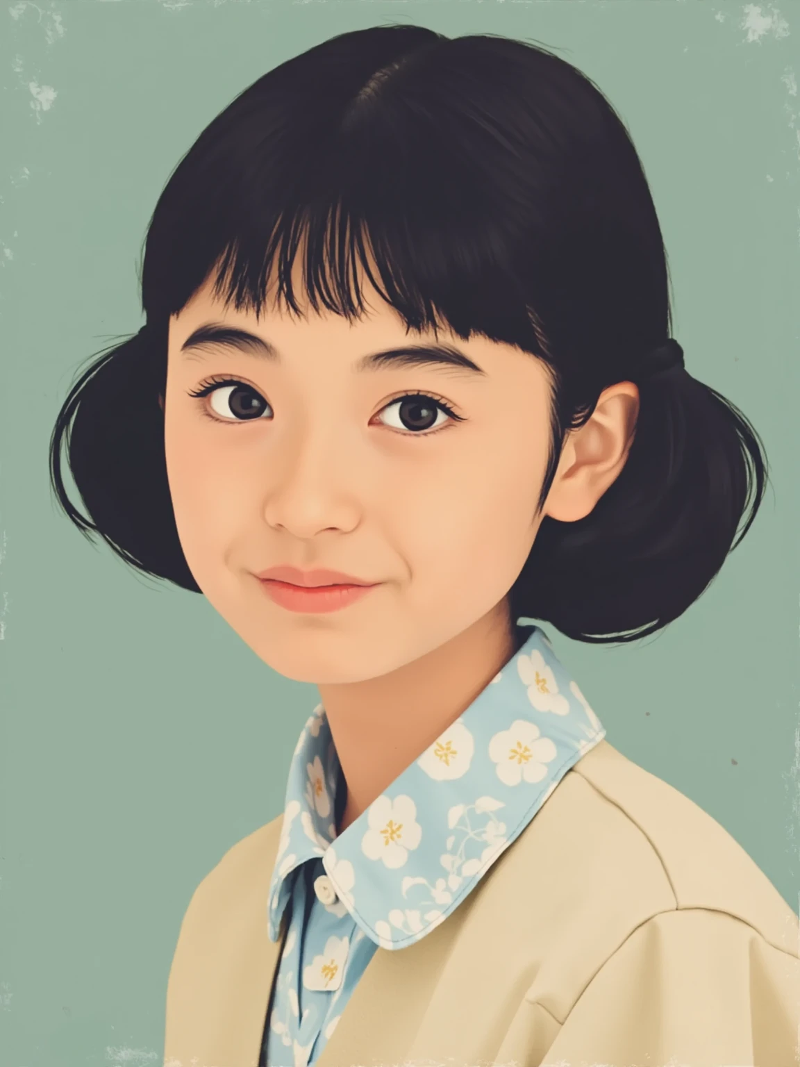 Kodacolor color slide, photorealistic, extremely delicate and beautiful, black hair bob cut, brown eyes, gentle smile, very small stature, 2feet height, japanese woman, very thin, body size is jyoti amge, face is ishihara satomi, wearing cotton shirts, 1972 --auto --s2