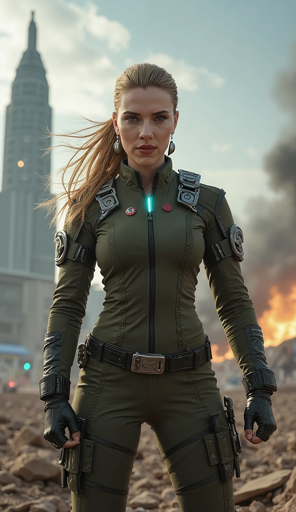 Scarlett Johansson as Sonya Blade would be a true fusion of military prowess and lethal charisma!
**visual:**
Imagine Scarlett Johansson wearing a tactical combat suit, a hybrid between Sonya Blade's classic green uniform and a more modern design, adjusted to her athletic body. Reinforced gloves shine with a light blue tint, indicating the activation of its iconic **energy bracelets**, ready to launch a devastating blow. Her determined and fearless gaze pierces the dust of the battlefield, while some wicks of Blonde hair escapes the ponytail due to the intensity of the fight.
**scenario:**
In the background, An apocalyptic vision : **the Avengers Tower is collapsing**, with gigantic cracks spreading across her iconic structure. Meteors cut through the sky at high speed, leaving flaming trails before they hit the ground, exploding in brutal shock waves. The surrounding city is plunged into chaos, with flying debris and clouds of smoke covering part of the landscape.
**Sonya pose:**
She stands her ground, with an advanced leg clenched fists, as if she were ready to face any enemy that emerges in the middle destruction. Maybe a faint twinkle in the eyes shows that, even in the midst of chaos , **Sonya Blade never recoils**—she always fights to the end.
If you want , I can create an epic image bringing this cinematic scene to life! 💥🔥⚡