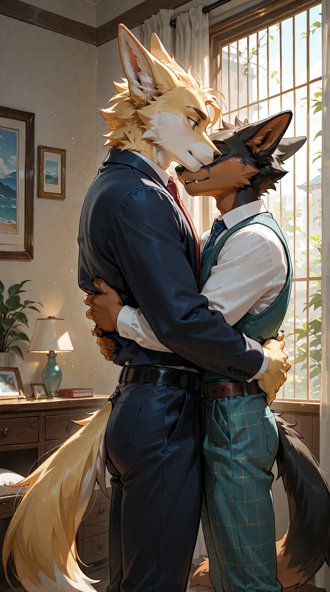 Author: bontiage, (2 boy), tiger, big bulge crotch, boner, Black pants, (sweat:1.6), long sleeve plain White shirt, (Black necktie:1.5), (black office suit:2.0), Men's Second, kemono, hot body, muscle, Beautiful, sexual, Attractive guy, (Detailed black eyes), brows, (masterpiece, A high resolution, Best quality), 4K, a male, Beautiful shadow, (Twins facing each other:1.5),front side