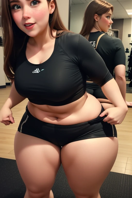 HD wallpaper 32k cinematic shoot of a Beautiful cute girl, with thick thighs and a curvy slim waist, twin braids,  wearing a bikini, horny, seductively, smiling, ((lowwaist)), ((wearing a watch)), ((open neckline)), ((boobs)), ((in a gym)), ((full body view)), ((double thick thighs)), ((gym shorts)), ((gym mini shorts))
