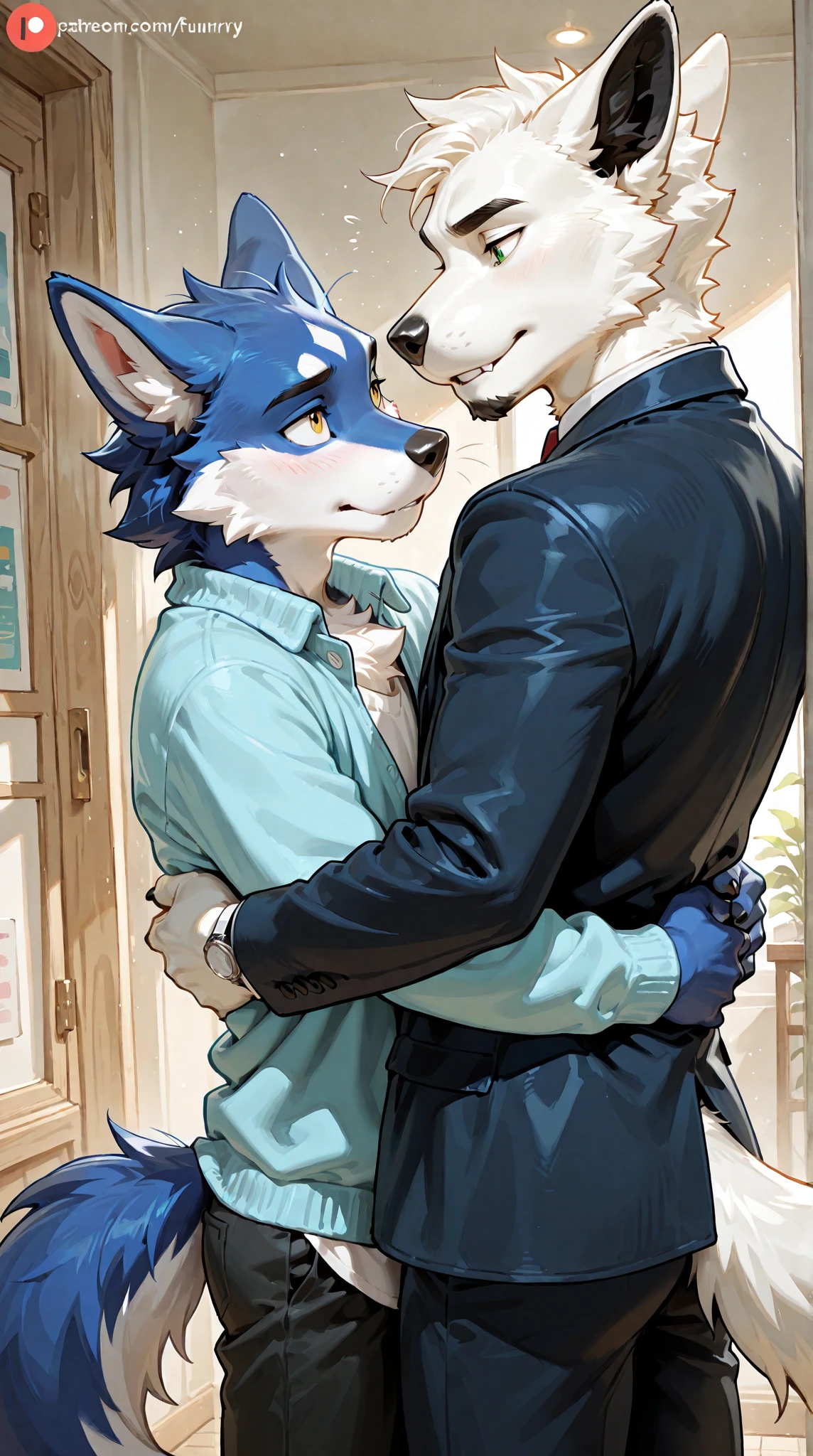 anthropomorphic skinny black male wolf with green eyes with a anthropomorphic skinny blue male fox with blue eyes, side view, clothes, love, smiling
