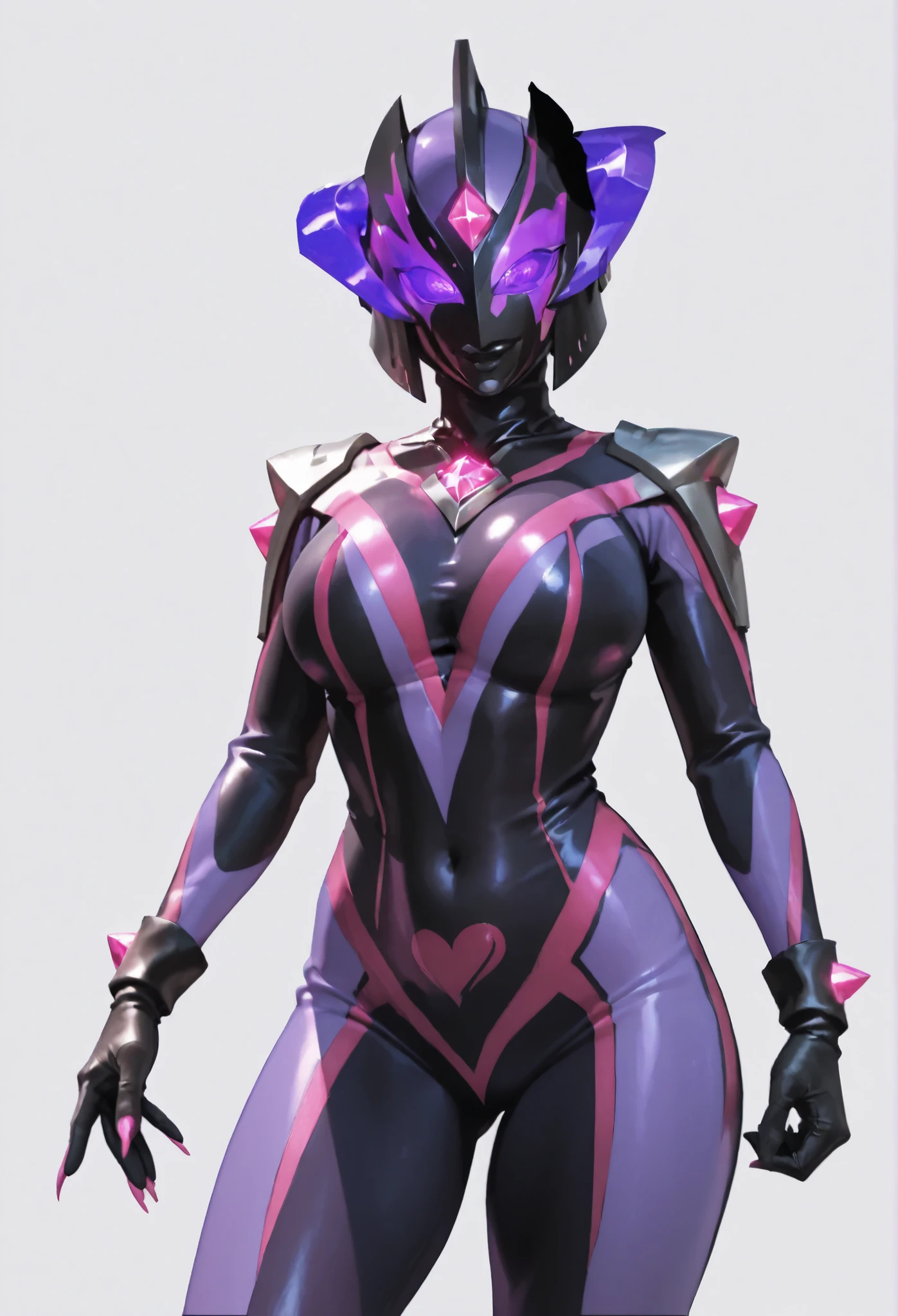 Ultraman Woman, (High quality)(The sheen)Covering her naked face with a black mask, Female Solo, Alien eyes shine。The whole body is covered with a black bodysuit, One female protagonist, Pink lines all over the body, Dark background,