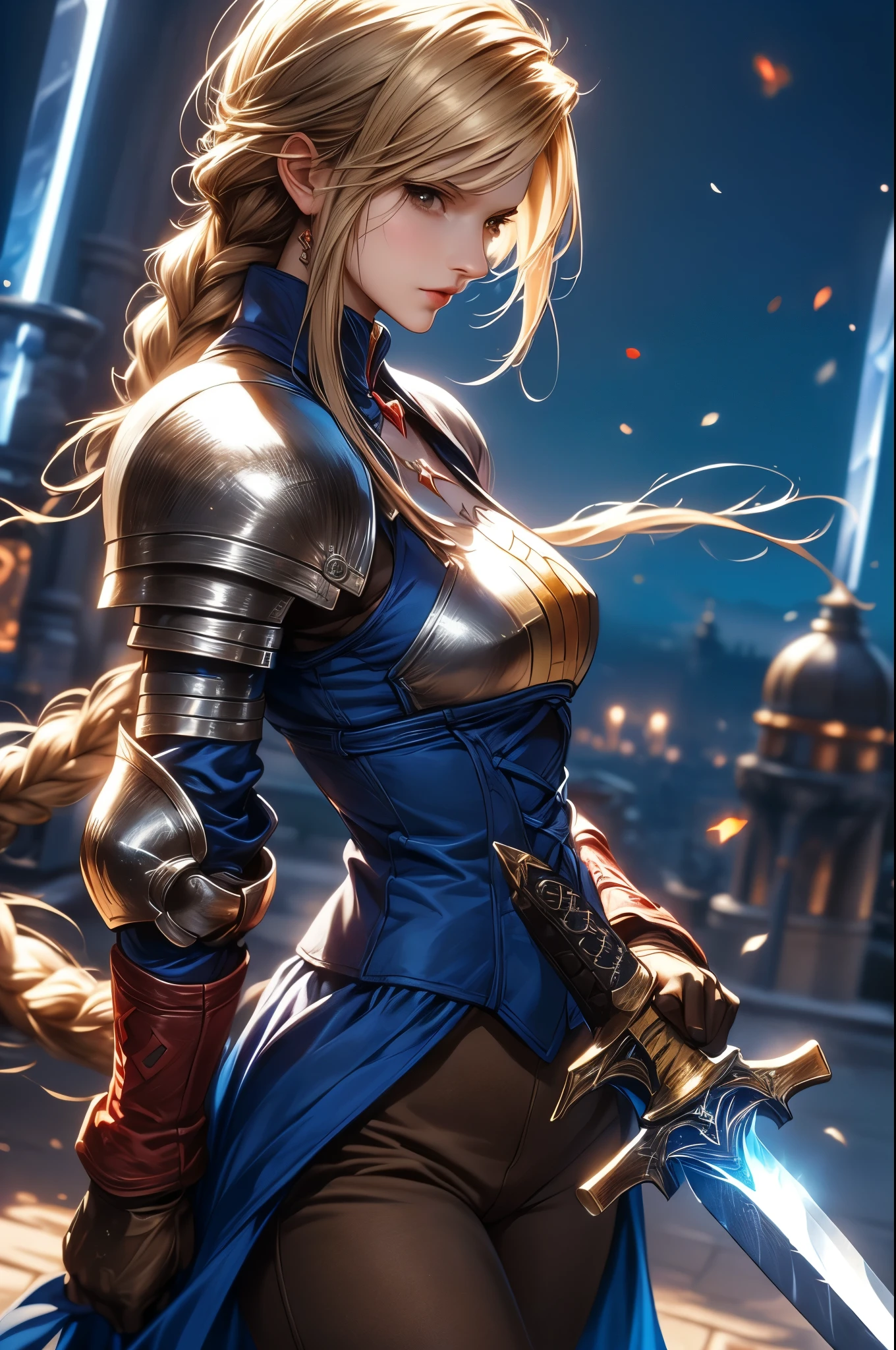 \(Agrias Oaks\( Final Fantasy Tactics\), score_9, score_8_Excellent, score_7_Excellent, 32K ,Detailed Depiction 、 break ,Alone,1 girl with blond hair, braided ponytail ,brown eyes on the frame,shoulder armor, armor, corsets,(brown pants:1.3), Knee pads, Blue Dress , BROWN GLOVES, pants, Cross Race Boots , big breasts, dynamic pose,fighting stance, dynamic angle,(\(Become, European Swords , glows blue\):1.4)\), break ,background\Long Hit, dynamic angle,very aesthetic, HD, great quality, masterpiece, top quality, very aesthetic, high resolution, ridiculous、(top quality)),(超high resolution),( super detailed)