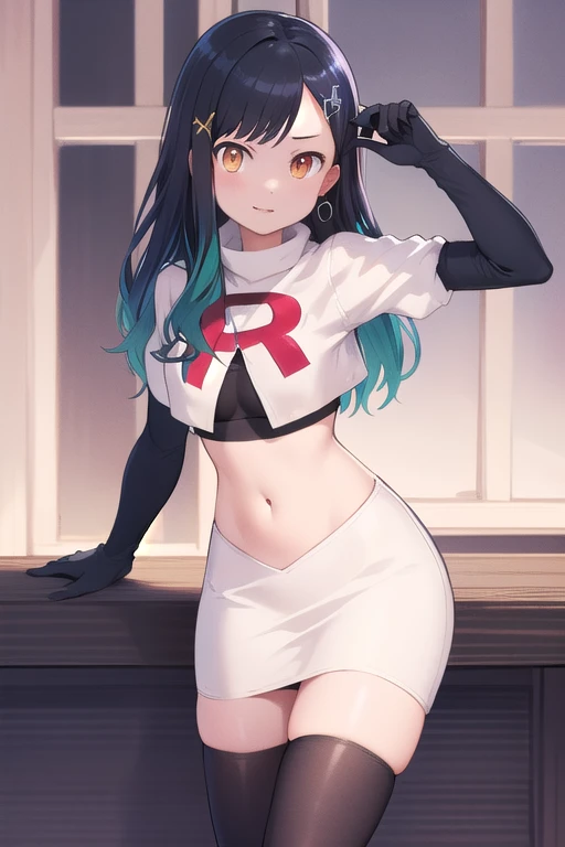 ((masterpiece,best quality)), team rocket,team rocket uniform, red letter R, white skirt,white crop top,black thigh-highs,black elbow gloves zettai ryouiki, aamona, long hair, twintails, hair ornament, black ribbon, earrings, witch hat, purple headwear, cowboy shot,