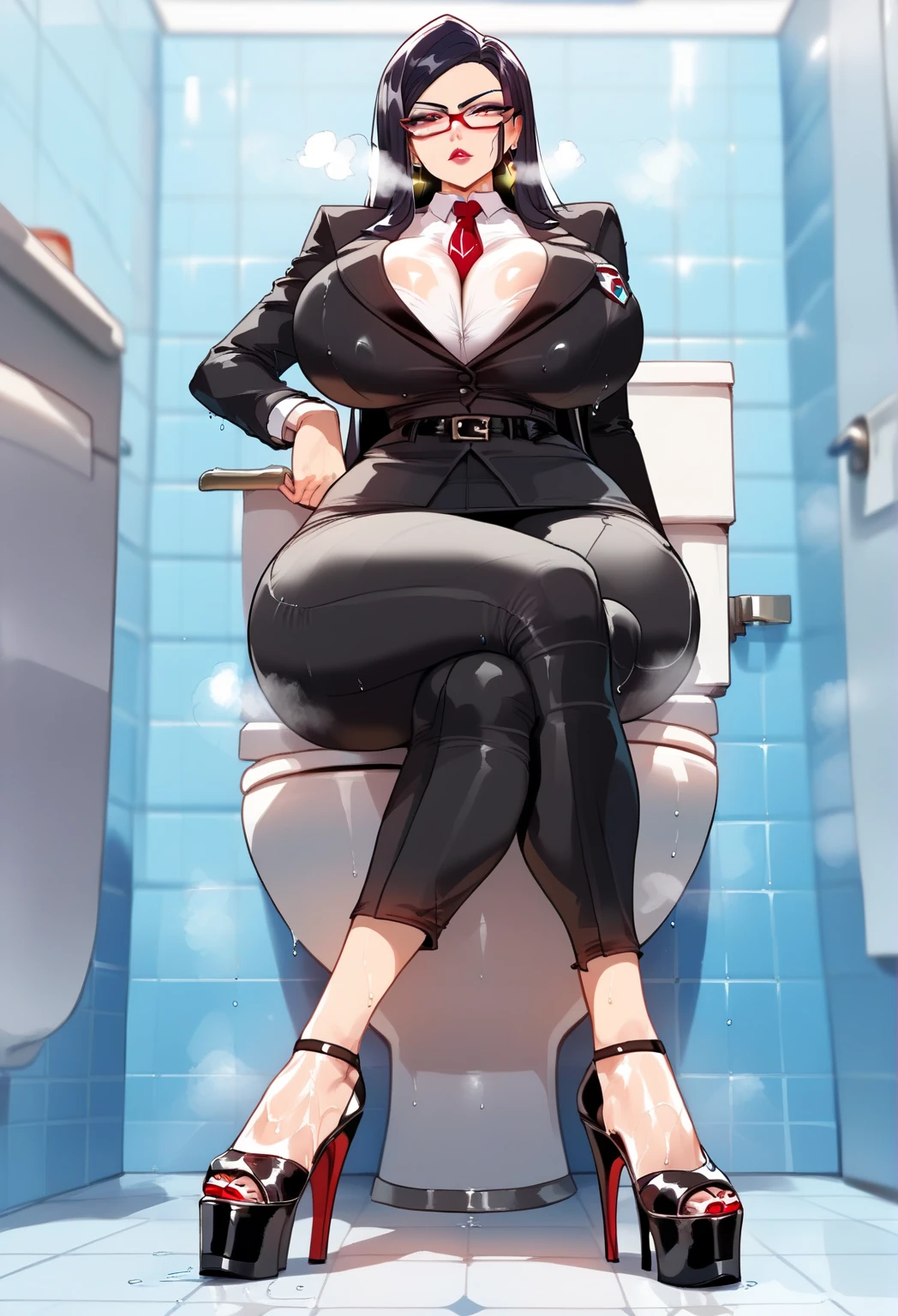 A woman sitting on the toilet , In the bathroom, Beautiful anime girl crouching, In the bathroom, Sit on the toilet, Enchanting anime girl, on her throne, tits, Anime girl crouching, Surreal , (SFW) Safe at Work, 2b ..., 2B, chic、Sticking out tongue