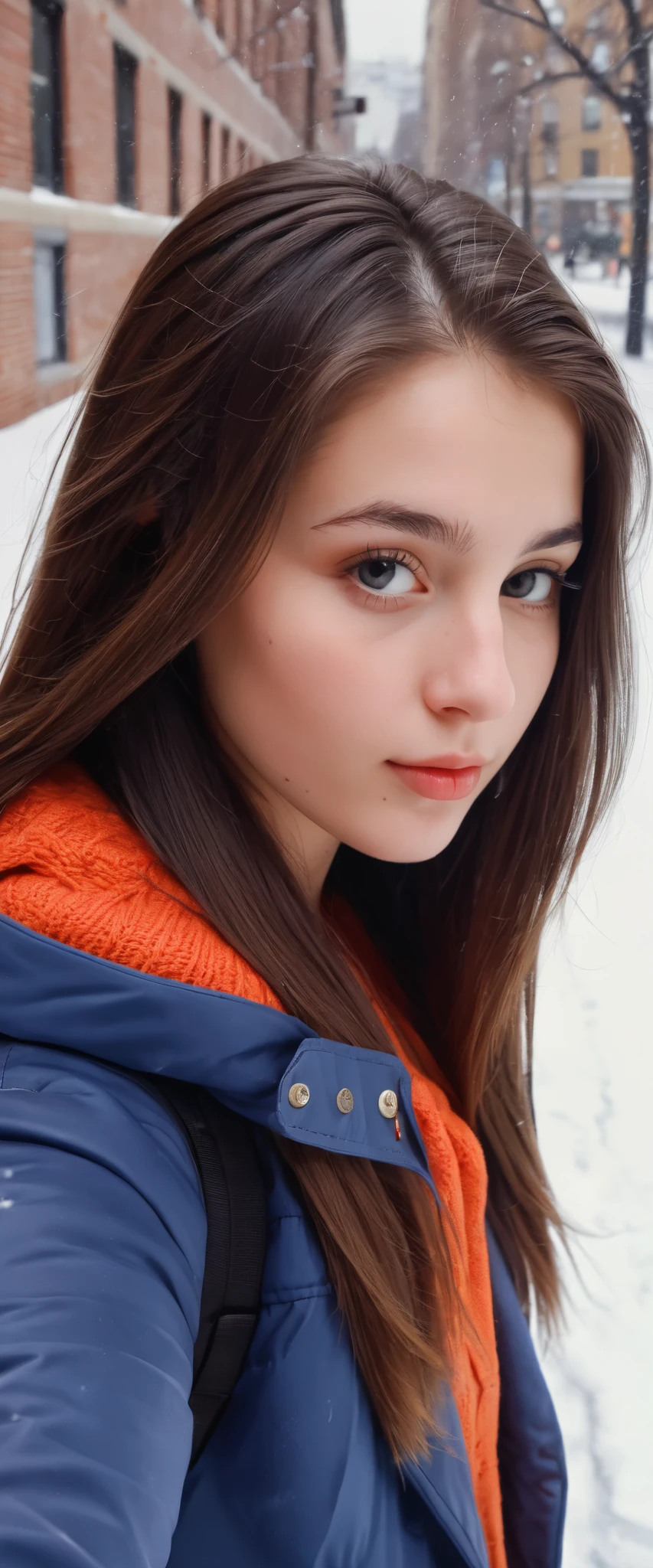 (indistinguishable from reality:1.4), 1girl, selfie, An half portrait of a beautiful 25 y.o New York Italian college student, (detailed facial features), (freckles:0.2), (acne:0.1), long thick luxurious straight hair, beautiful Jewish nose, shy smile, walking on on the wall, winter, snowfall, ultra detailed texture winter coat, bright primary colors, Nikon FM2, 35mm SLR