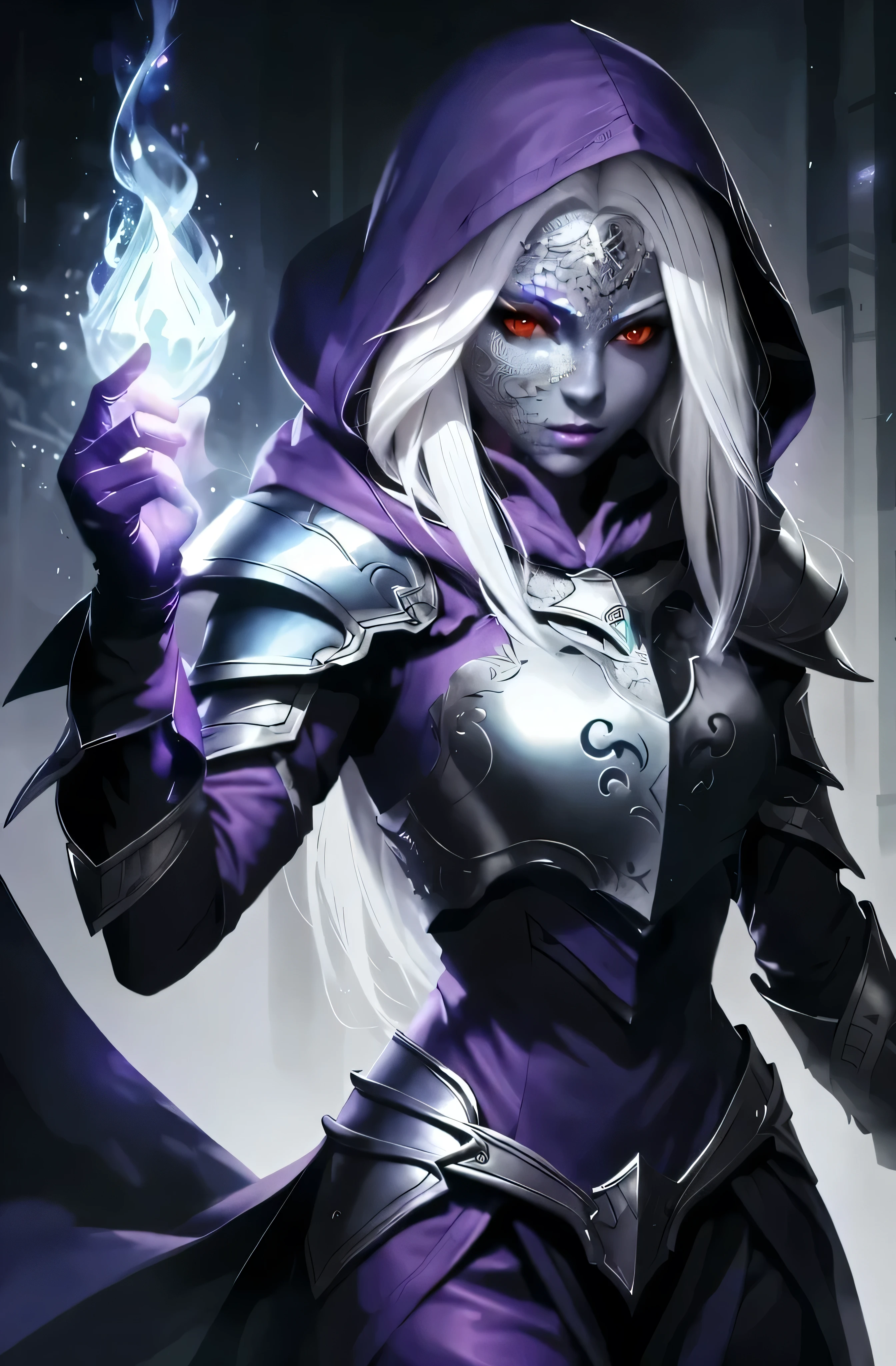 drow using a mask made of white dragon skales. skales pattern. mask fully made of scales. big white scales