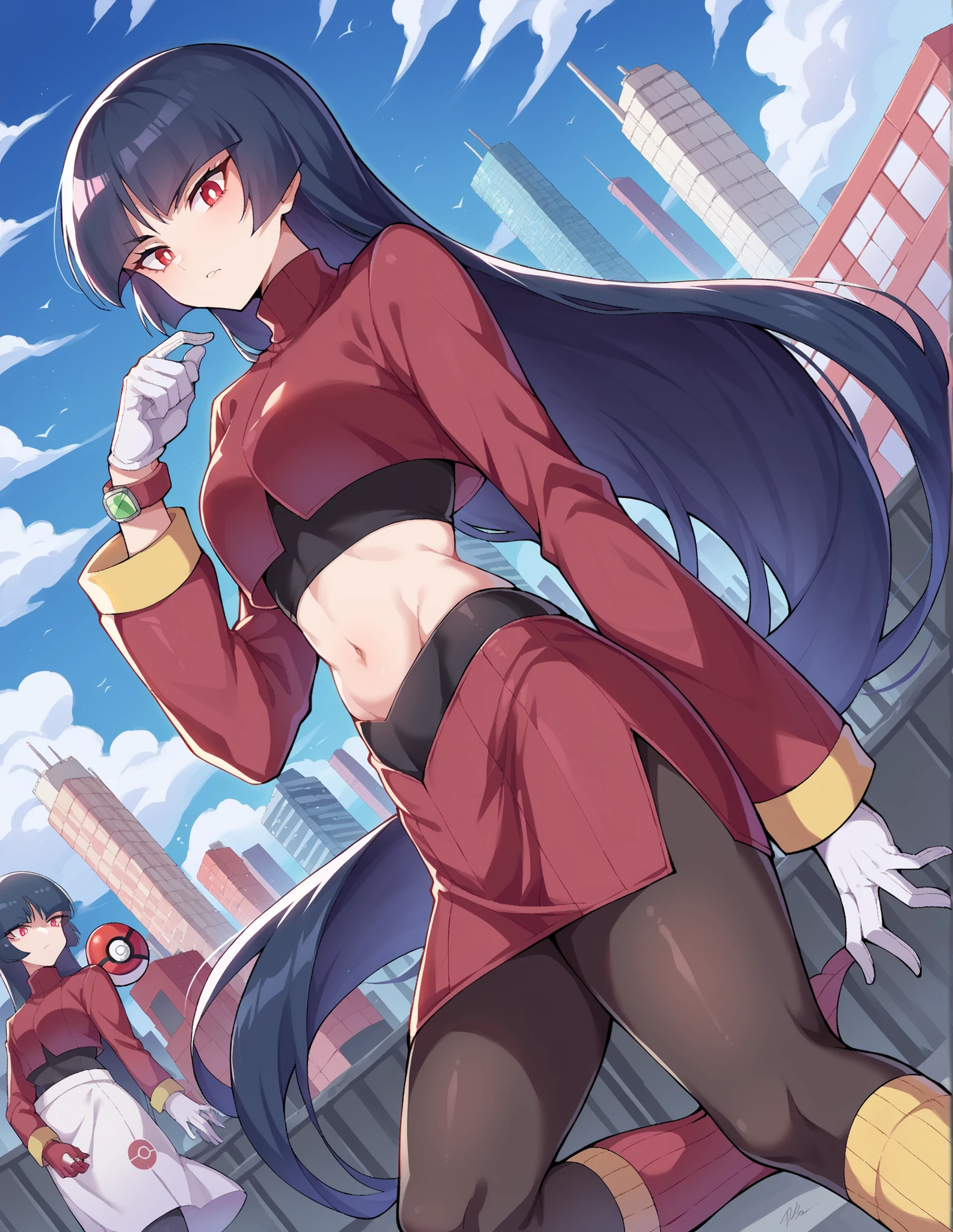 score_9, score_8_up, score_7_up, source_Anime,
Pokémon Sabrina, Pokémon Sabrina, black hair, long hair, bangs, blunt bangs, red eyes, Princess cut, side lock, white pupils,nfsw
Jacket, crop top, Bodysuit, covers the upper part of the stomach, midriff, red jacket, turtleneck, side slits, gloves, white gloves, Long Sleeve, pantyhose, skirt, red skirt, Bbo~, red Bbo~, socks, yellow socks, knee socks,
outdoor, cityscape,
Watch viewers, was taken by a cowboy, Dutch angle indoors,