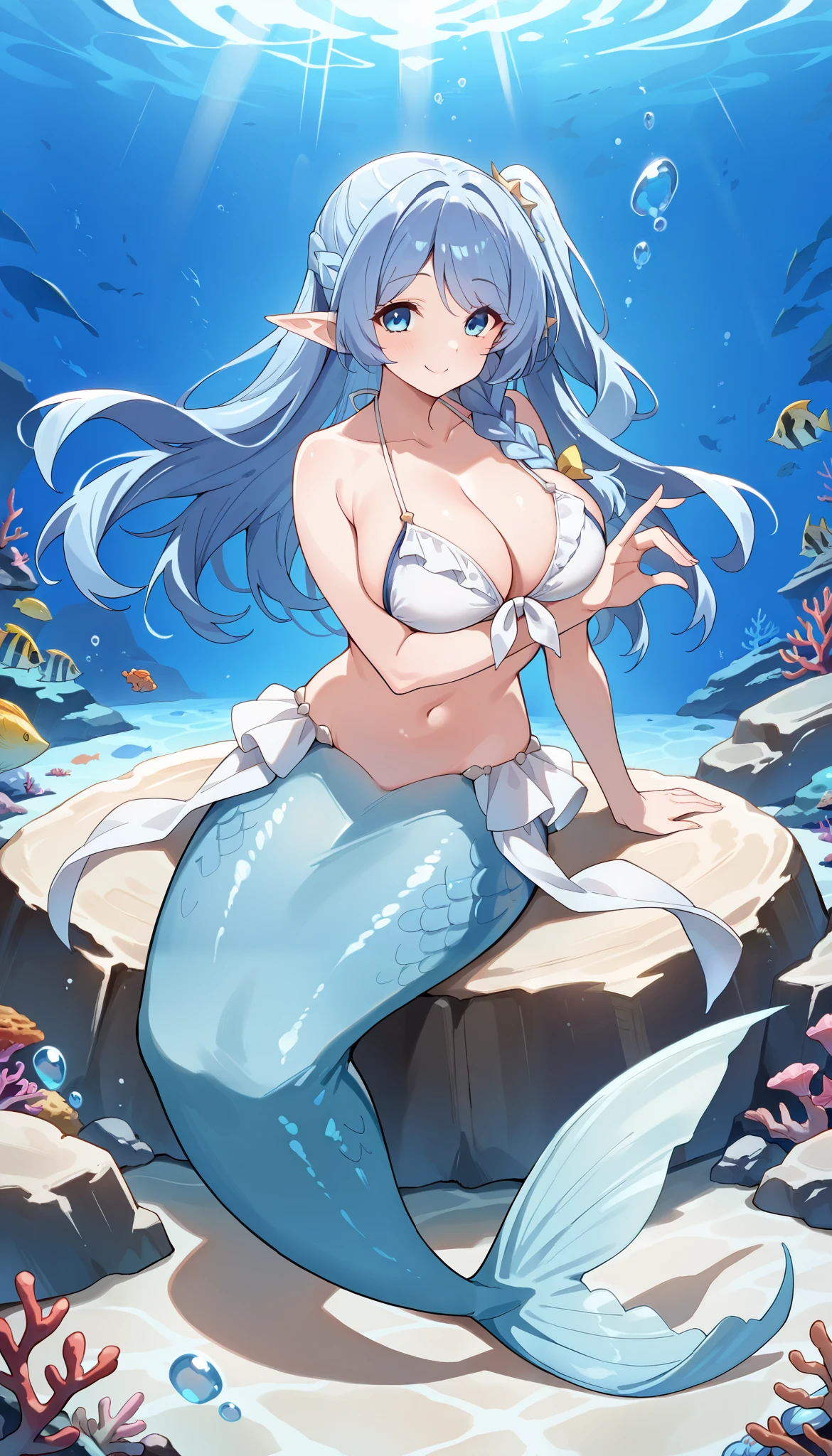 Anime mermaid with blue hair sitting on a rock in the ocean - SeaArt AI