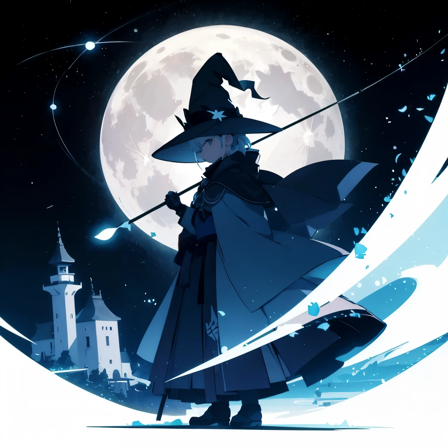 Translucent Illustration 、 Japanese Anime Style Illustration 、 Little Silhouette in the Distance 、 Small Silhouette of a Witch on a Broom Seen in the Distance 、green、 dynamic angle 、 is amazing、Highest precision、 top quality 、 fantasy、Effective Production 、 Full Moon Seen in the Distance 、 Sky Over a Seaside Town at Night 、 Horizontal Line、movie、 artistic、delicate、sentimental、 highlights 、 Contrast