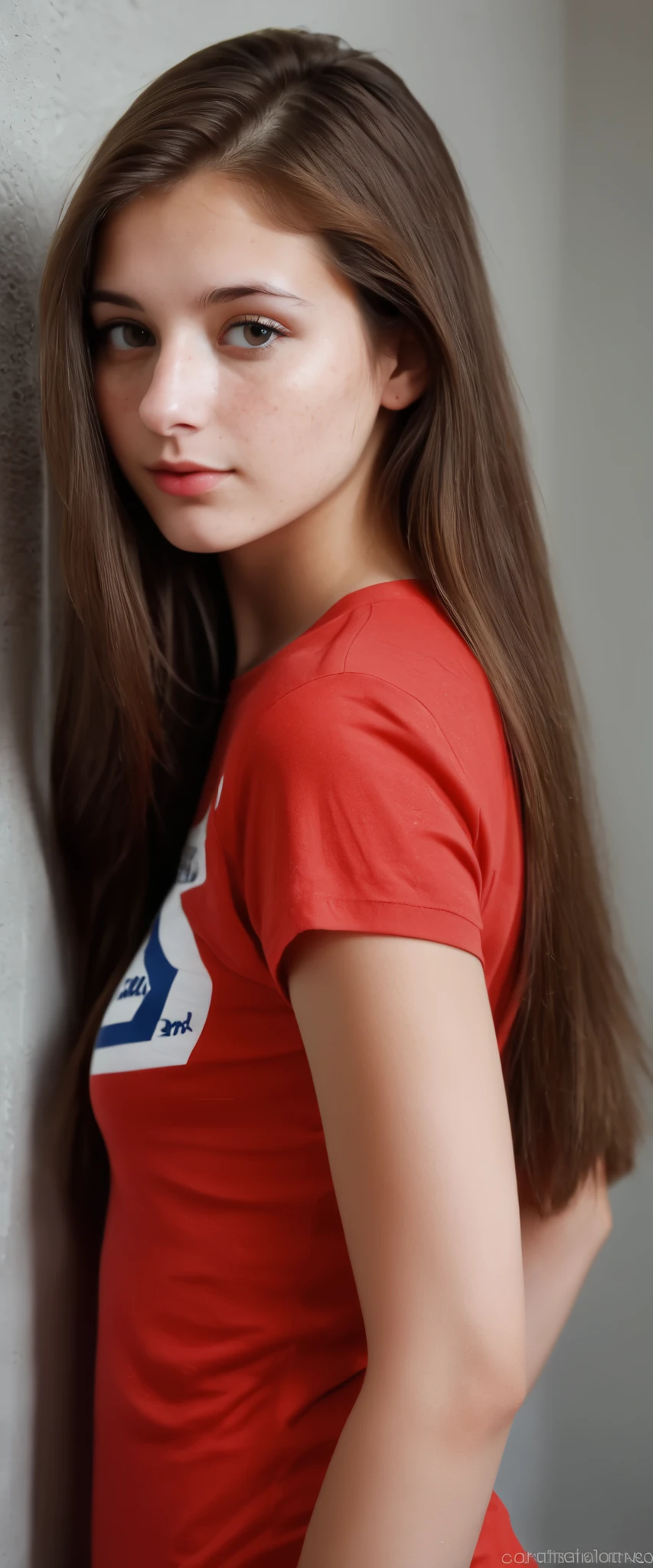 (indistinguishable from reality:1.4), 1girl, portrait of a beautiful 25 y.o , (detailed facial features), (freckles:0.2), (acne:0.1), long thick luxurious straight hair, beautiful Jewish nose, shy smile, posing on the wall , ultra detailed texture Red T- Shirt, , Nikon FM2, 35mm SLR