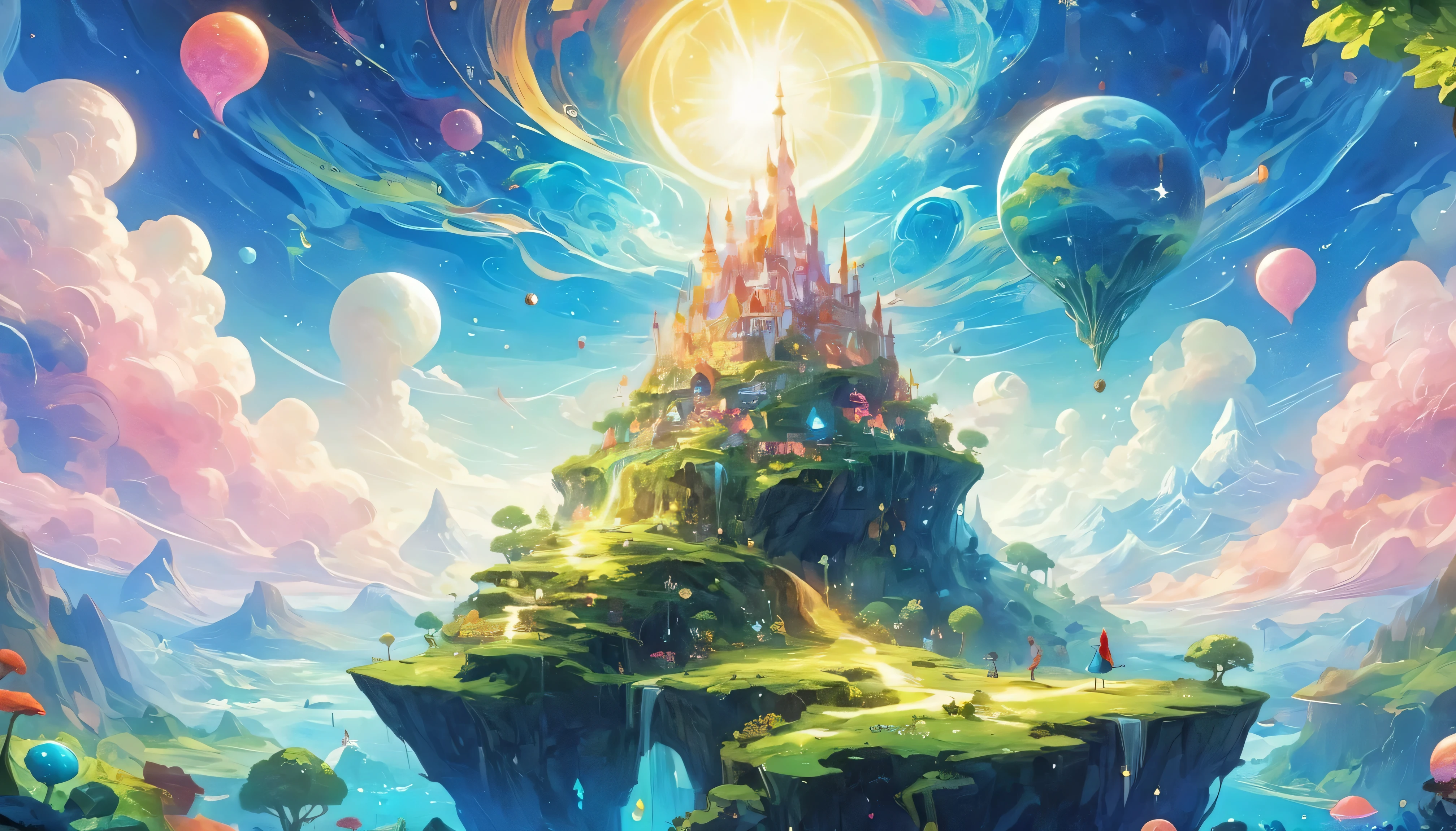 creating 8K high-resolution , conceptual animated images to depict a whimsical Fantasy landscape,is inspired by《Adventure Time .The scene should depict a landscape full of fantasy and fantasy,Beautiful European supermodel illuminated by surreal , Fantastic Qualities . includes a vibrant and diverse terrain,with floating islands, An oversized and imaginative plant, and fantastic rock structures. features bright and colorful skies,The clouds have strange shapes, may include a glowing sun or moon. The world of Ooo,Add unique and fun elements such as floating objects or unusual creatures to the background. using bold, slightly soft tones to reflect a unique panel, The otherworldly charm of the Ooo world.