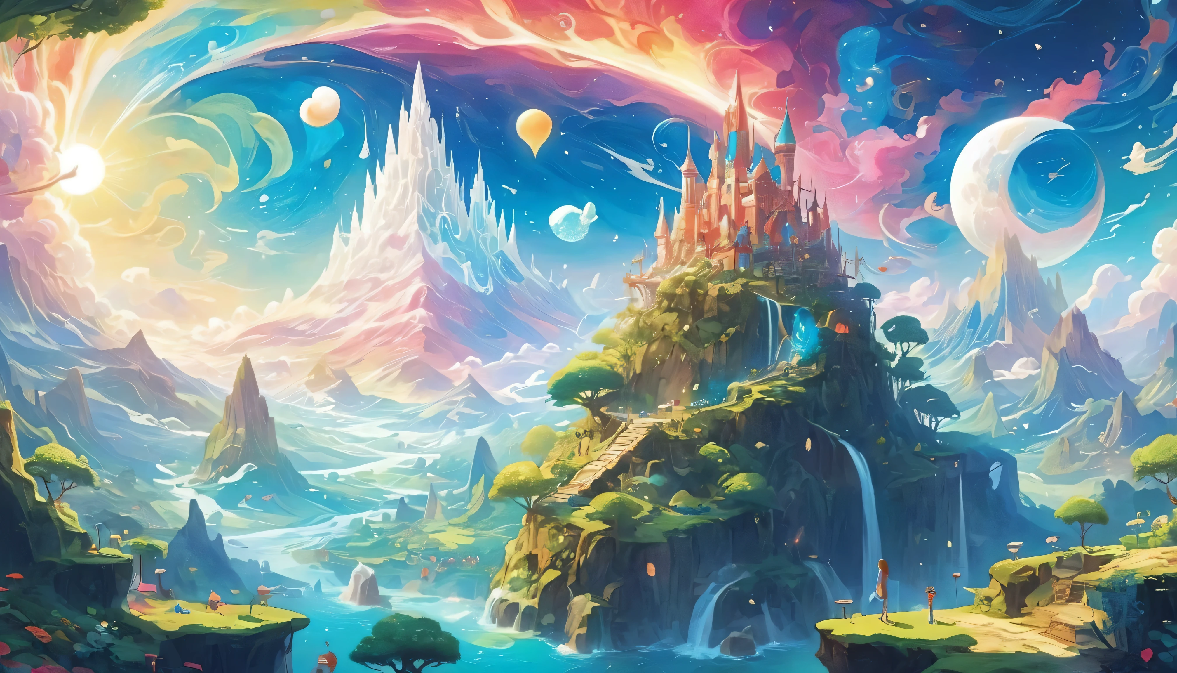 creating 8K high-resolution ,  conceptual animated images to depict a whimsical Fantasy landscape，is inspired by《Adventure Time .The scene should depict a landscape full of fantasy and fantasy,Beautiful European supermodel illuminated by surreal ,  Fantastic Qualities . includes a vibrant and diverse terrain，with floating islands, An oversized and imaginative plant, and fantastic rock structures. features bright and colorful skies，The clouds have strange shapes, may include a glowing sun or moon.  The world of Ooo，Add unique and fun elements such as floating objects or unusual creatures to the background. using bold, slightly soft tones to reflect a unique panel, The otherworldly charm of the Ooo world.