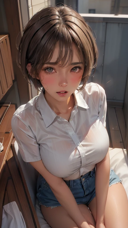 ((Big breasts, 18 year old girl, small head)), ((()) Daylight, Sunlight, (Perfect body: 1.1), (Young), (Short wavy hair: 1.2), Full body shot, (Girl in uniform: 1.4, Button Up Shirt), (Highly detailed CG8k wallpaper), (Very delicate and beautiful), (Masterpiece), (Best Quality: 1.0), (Ultra High Definition: 1.0), Sitting, Beautiful lighting, Perfect lightning, realistic shadows, [High Resolution], Detailed skin, Super detailed, ((legs up), slouched (legs), slim body), Thighs, (beautiful long hair), , thin collarbone, soft navel, soft midriff, soft back, angle from above, sweaty, beautiful breasts, blush, photorealistic, realistic face, realistic eyes, small eyes, grin (colorful))) (cleavage ))), (eyeliner), (mascara), ((very sweaty)) ((body dripping wet))(wet thighs))), ((spread thighs)), on bed,black shorts,legs spread,unconscious, eyes closed, sleeping, on face}},_in_mouth,_on_hair, on chest, whole body,((thick white liquid on face)))((( Thick white liquid on the body))), ((((very sweaty)))), ((body wet)), ((wet thighs)), ((thick white liquid dripping from the body)))), ((((thick white liquid on the chest)))), naked