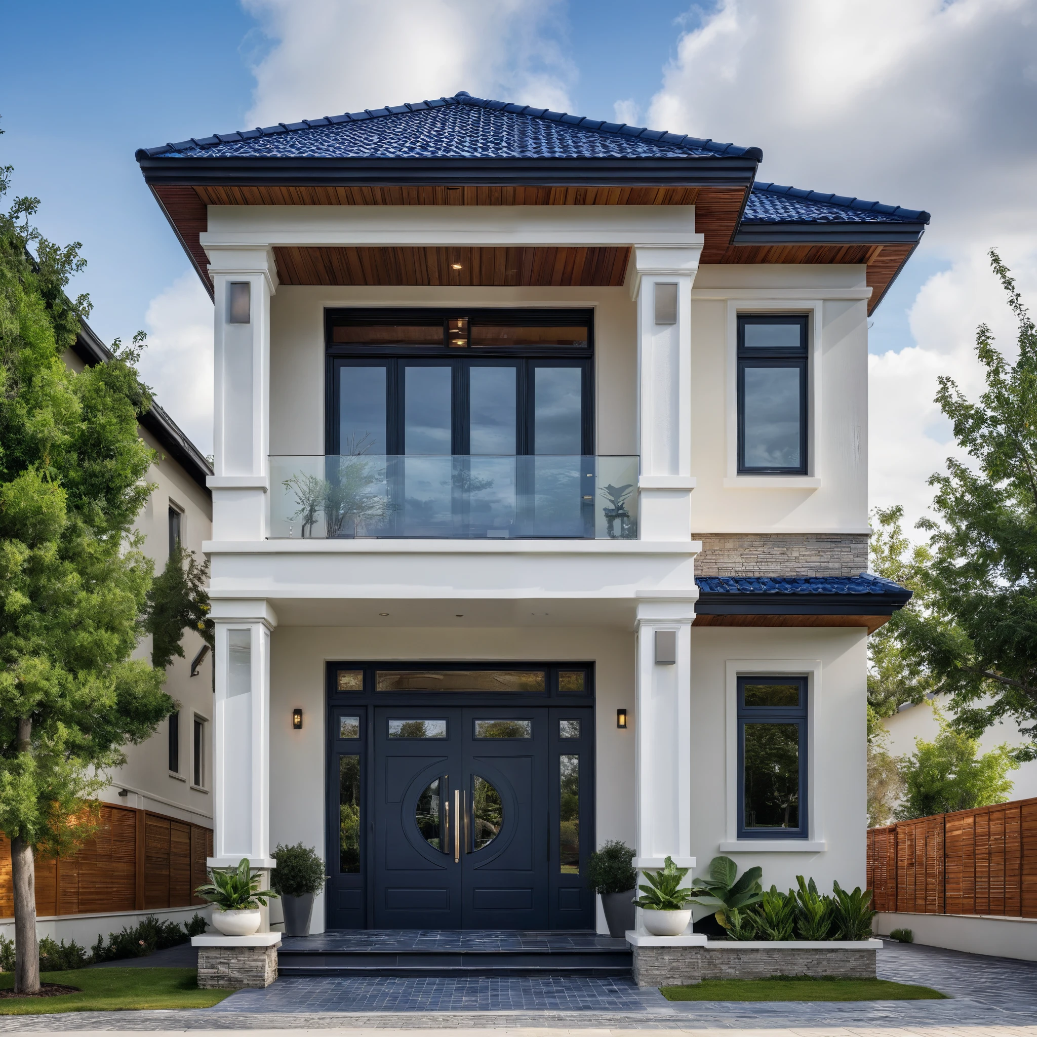 (masterpiece:1.2), best quality, photo of A two-story modern house with white walls and dark blue tiles on the roof., tree and plant, streetcapes, natural light, vivid color, The exterior of an elegant single family home features large windows, a dark gray door frame.