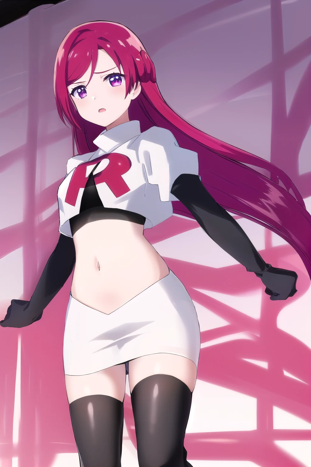 ((extreme detail)),(ultra-detailed),(painting), chiaroscuro, extremely detailed CG unity 8k wallpaper, best quality, anarchy stocking, hair bow, black adjusting hair, simple background, team rocket,team rocket uniform,white skirt,red letter R,crop top,black thigh-highs,black elbow gloves