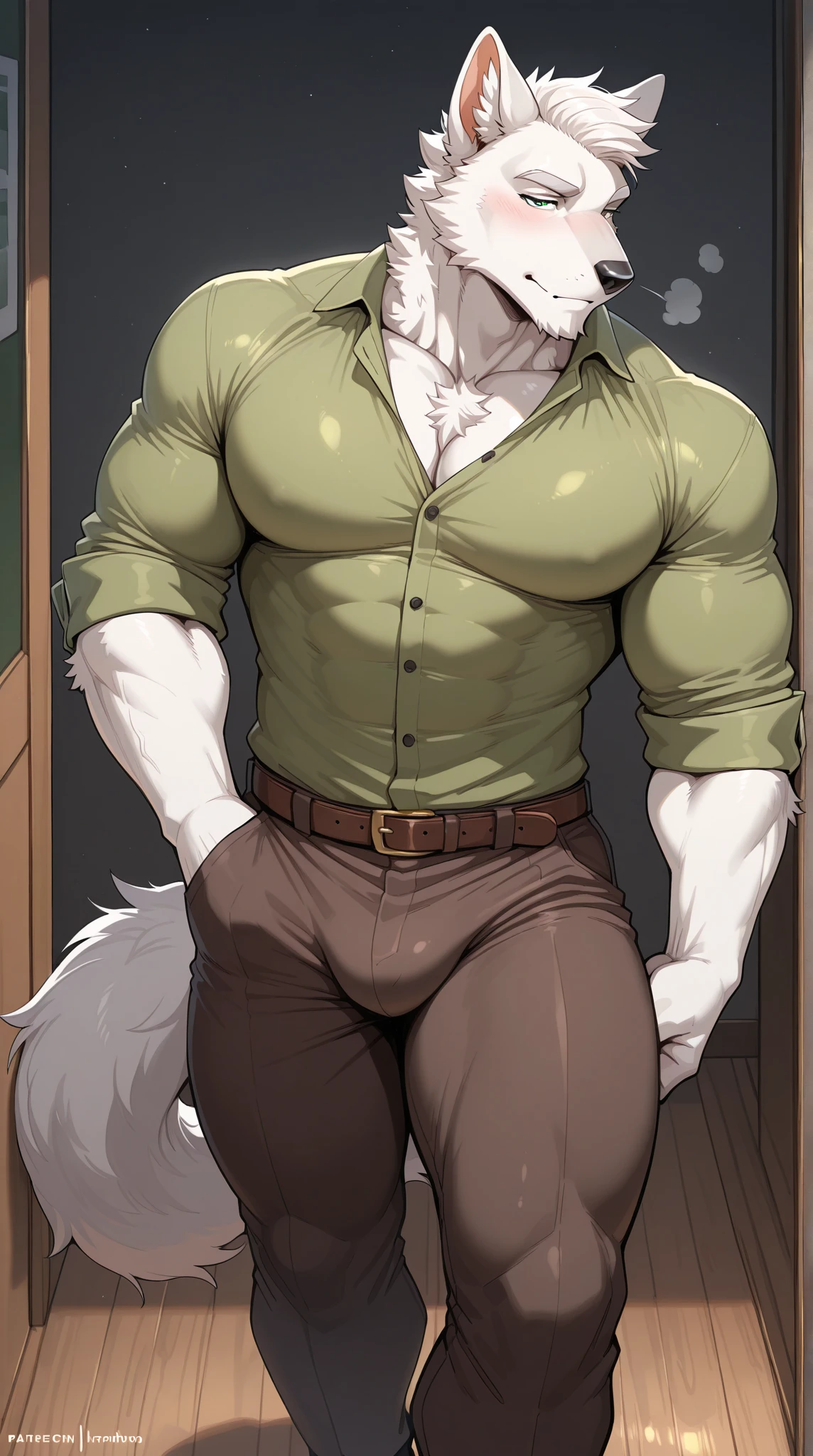bare, male:1.1, canin, loup:1.1, wereloup, Muscle, Gros muscles, c big pectorals, mature male, hairs, green fur color, yellow eyes, blissful, gentle, expression tendre, green and gray fur, corps musclé et nu, penis and testicles visible, :1.1, hairs, tout le corps:1.1, by doooo2424, by doooo, on Kusunagi), (best quality:1.2, 4K, 8k, high resolution, head of'artwork:1.2), ultra-detailed, (realistic:1.37, photorealistic:1.37), HDR, uhd, studio d'lighting, Ultra fine paint, acuity, Physics-based rendering, fur color Green, extremely detailed description, professionnel, couleurs vives, loup-human hybrid, force, pouvoir, bare penis and visible testicles