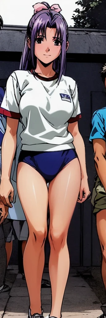 Momoko Koigakubo, a tall girl with beautiful legs, stands in a white gym suit and a pair of light-colored navy blue bloomers that look like panties.。From behind and below。
