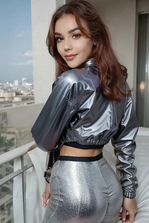 a close up of a woman full body, wearing a leather jacket, white short shirt, red latex pant, posing for a picture, looking off to the side, revealing outfit, sexy dress, tight attire, tight dress, scantily clad, amazing background, tokyo city background, neons, night time, gorgeous figure, marischa becker, barbara hammer 4 k, cinematic lightening, big ass, backshot, Extremely detailed CG unified 8K wallpaper, Depth of field, Cinematic light, Lens flare, Ray tracing blurred background