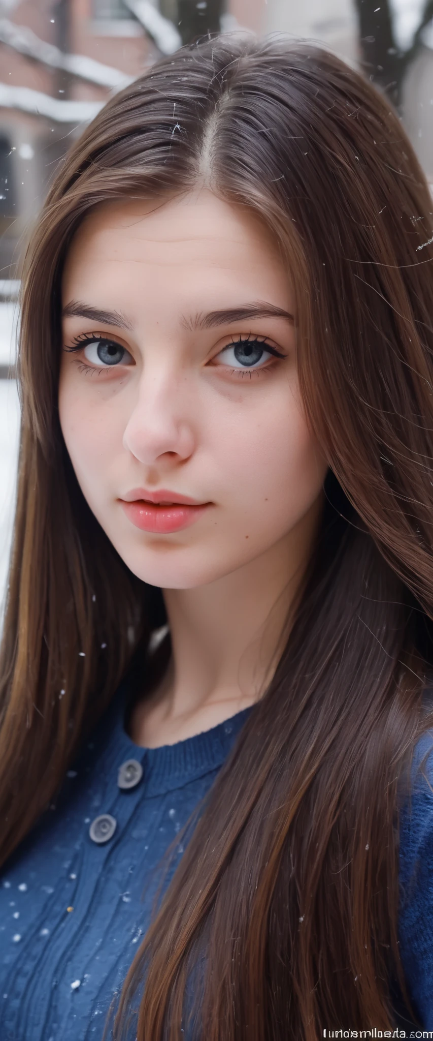 (indistinguishable from reality:1.4), 1girl, selfie, An half portrait of a beautiful 25 y.o New York Italian college student, (detailed facial features), (freckles:0.2), (acne:0.1), long thick luxurious straight hair, beautiful Jewish nose, shy smile, walking on University campus, winter, snowfall, ultra detailed texture Blue Blouse, , Nikon FM2, 35mm SLR