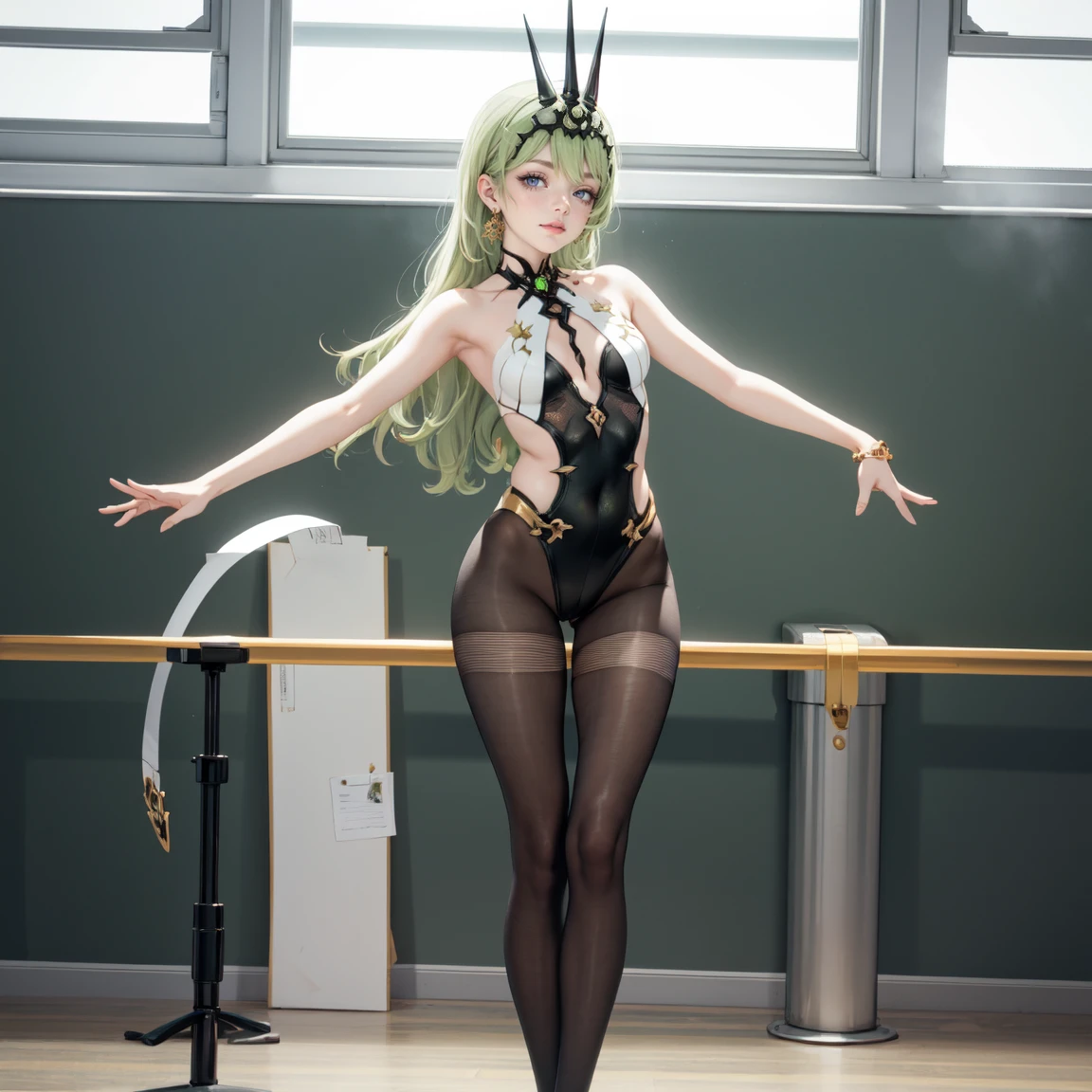 Yea Miko, green hair, hair ornament, bare shoulder, on stage, gray eyes, blank expression,
((the crowd is cheering loudly)), ((vivid light up)),
emphasizing her facial expression , beautiful skin, oily skin,
bunny girl cosplaying, fishnet tights, high heels, white leotard,brown bunny ears, bunny tail,
arms up, kneeling, dynamic angle , from below,
more_details:1.5, best quality,(highly detailed background:1.2),
((masterpiece)),((highestquality)),((ultra-detailed))