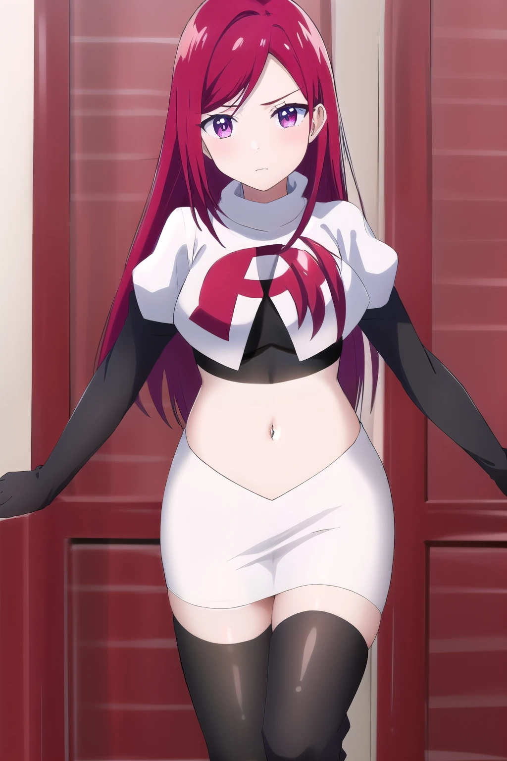Hentai anime,hentai artist,masterpiece, best quality, anime art, backlight effect, front body in shadow, dramatic lighting , strapless leotard, detached short sleeves, thighs, purple eyes , nishikino maki love live, pov, from below, sitting on viewer,standing ,pink see-through elbow gloves,pink see-through pantyhose, red hair, head tilt, looking at viewer , wearing morrigan aensland custom , indoors, night