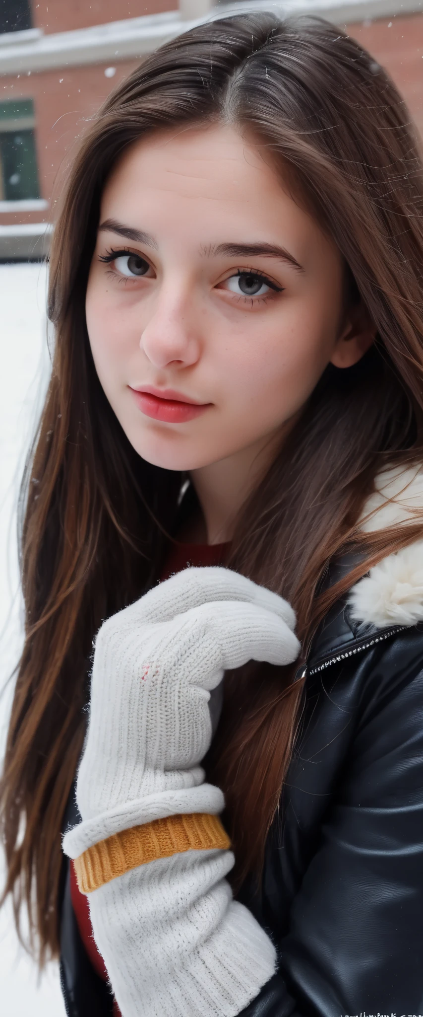 (indistinguishable from reality:1.4), 1girl, selfie, An half portrait of a beautiful 25 y.o New York Italian college student, (detailed facial features), (freckles:0.2), (acne:0.1), long thick luxurious straight hair, beautiful Jewish nose, shy smile, walking on University campus, winter, snowfall, ultra detailed texture with  Gloves , , Nikon FM2, 35mm SLR