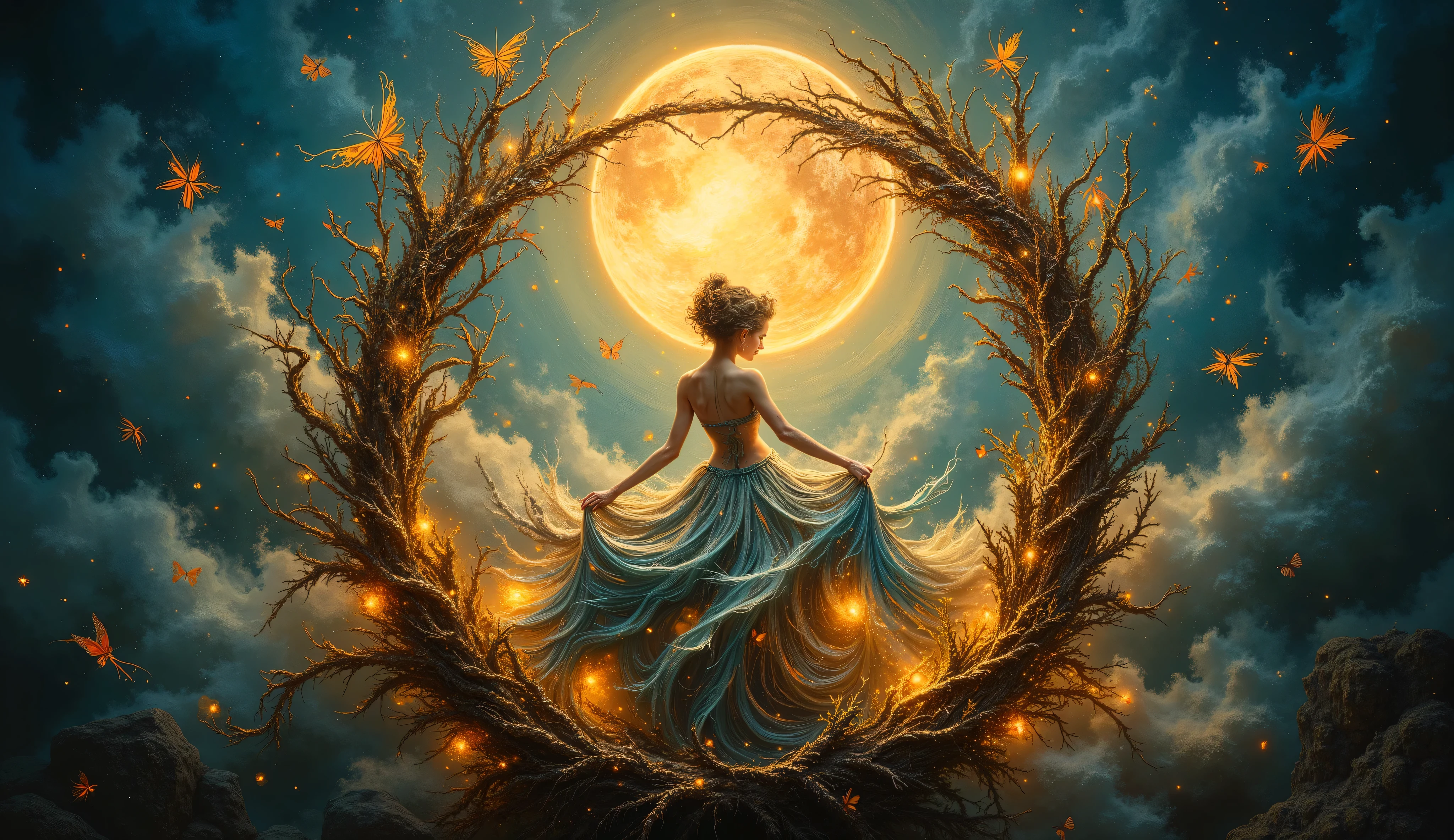 whimsical fairy adorned in nature-inspired dress sitting within an antique bronze circular dreamcatcher frame, massive glowing moon illuminating the scene, oil painting with dark teal and sage blue color palette, ethereal floating lanterns, intricate vine details wrapping around the frame, delicate butterflies fluttering nearby, misty woodland background