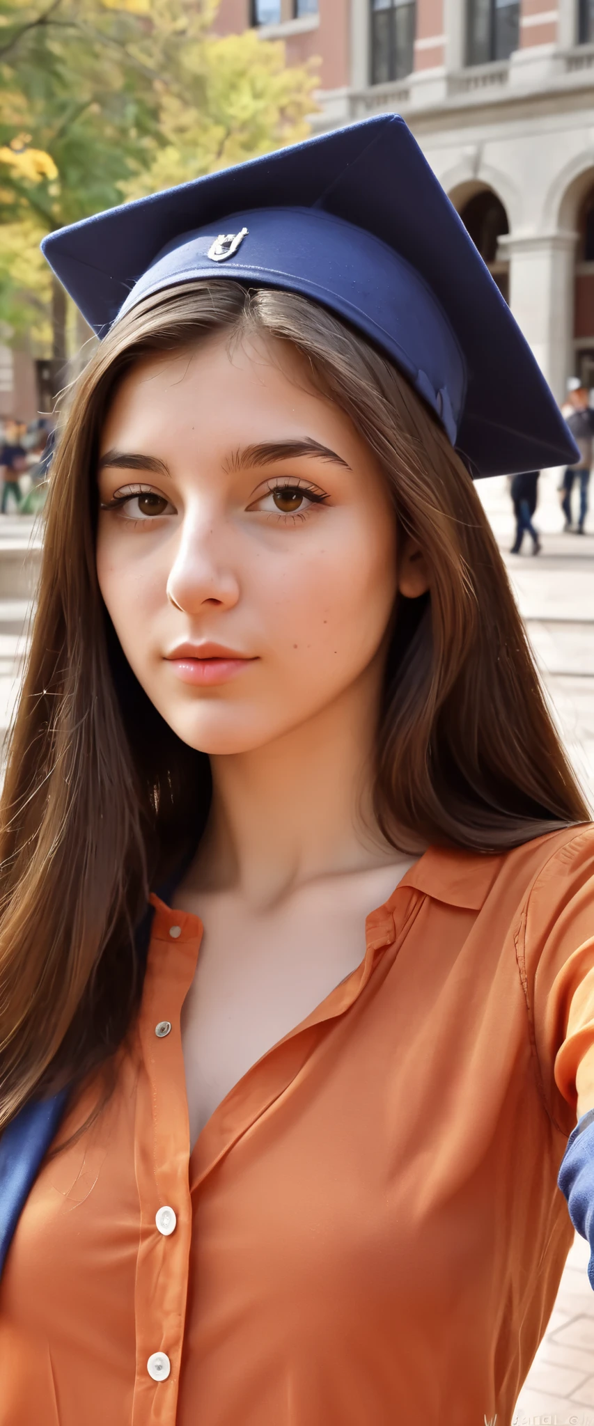(indistinguishable from reality:1.4), 1girl wearing hat, selfie, An half portrait of a beautiful 25 y.o New York Italian college student, (detailed facial features), (freckles:0.2), (acne:0.1), long thick luxurious straight hair, beautiful Jewish nose, shy smile, walking on University campus, Sun , ultra detailed texture Orange Shirt , , Nikon FM2, 35mm SLR