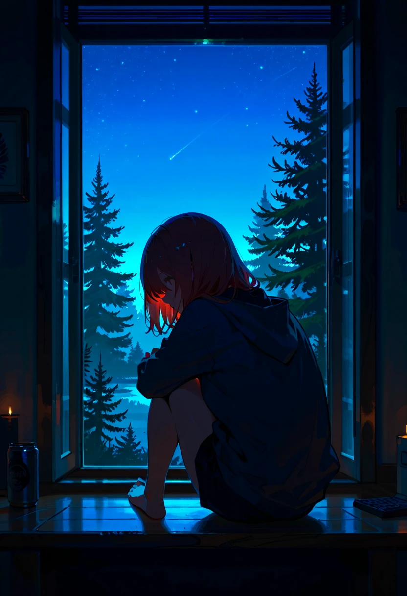 18 old pretty girl, smart passion , sitting next to window, amazing forest view can see outside of the window, night sky