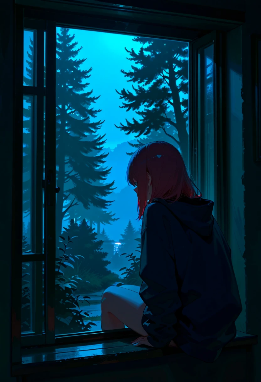 18 old pretty girl, smart passion , sitting next to window, amazing forest view can see outside of the window, night sky