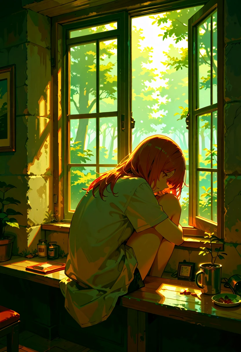 18 old pretty girl, smart passion , sitting next to window, amazing forest view can see outside of the window