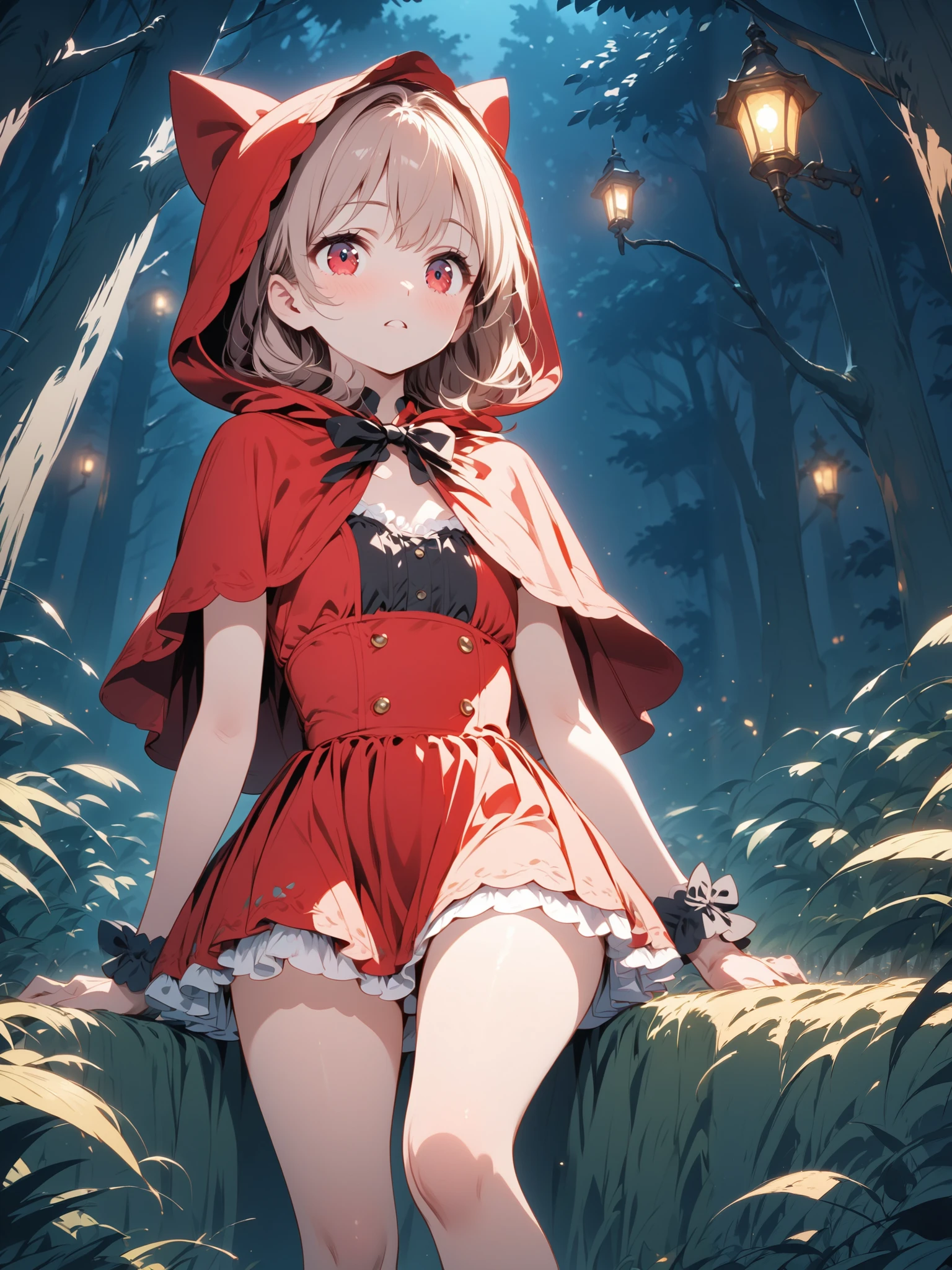 <lora:little_red_riding_hood_v0.1:1>
1girl, little red riding hood, wariza, forest, dark, frilled dress, cleavage, taking picture, iphone, screen light, smartphone,, masterpiece, best quality, highly detailed