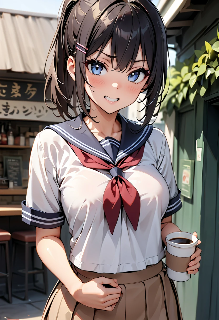 (highest quality, 4K, masterpiece :1.3), Beautiful woman, 1 girl, slim, midium breast, (chest, Attractive body :1.2), Cowboy Shot, JK:1.1, Dark brown hair: 1.1, short hair, , Highly detailed face, Lip details, Fine Eyes, double eyelid, sitting in cafe, left hand holding coffee, (tan skin:1) , sailor suit, dark blue collar, white shirts, short sleeve, school, dark blue skirt, black skirt, hairpin, glasses