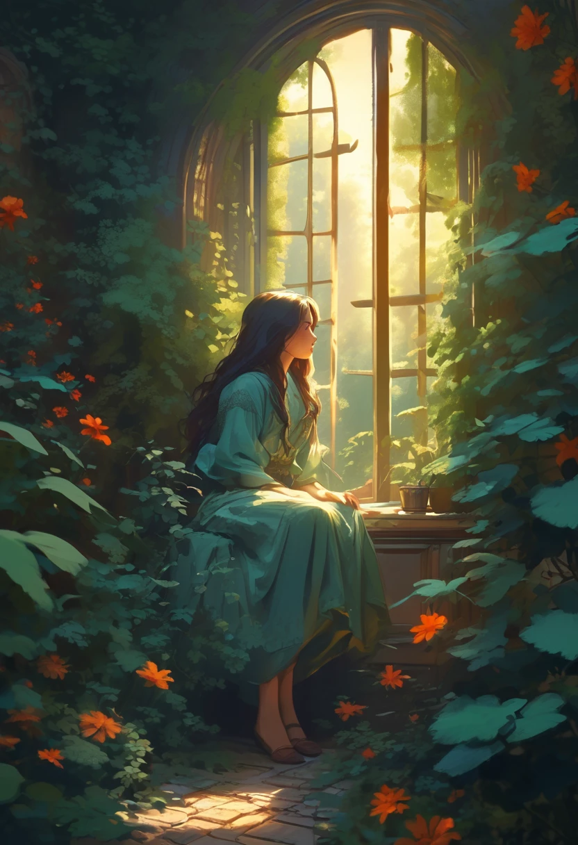 18 old pretty girl, smart passion , sitting next to window, amazing forest view can see outside of the window , night sky