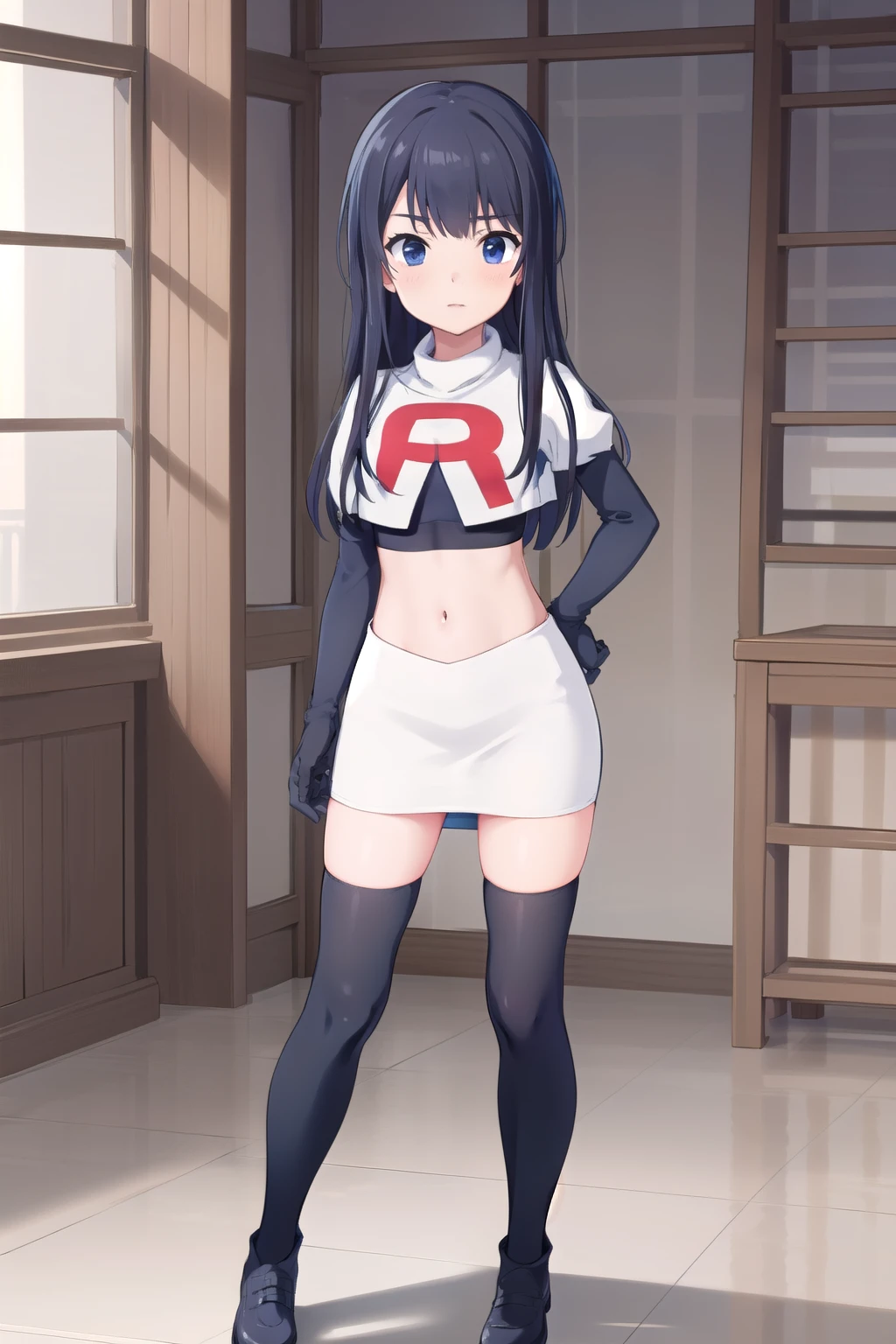 (masterpiece, best quality), 1girl, solo, nagase kotono, blush, team rocket,team rocket uniform,white skirt,red letter R,crop top,black thigh-highs,black elbow gloves