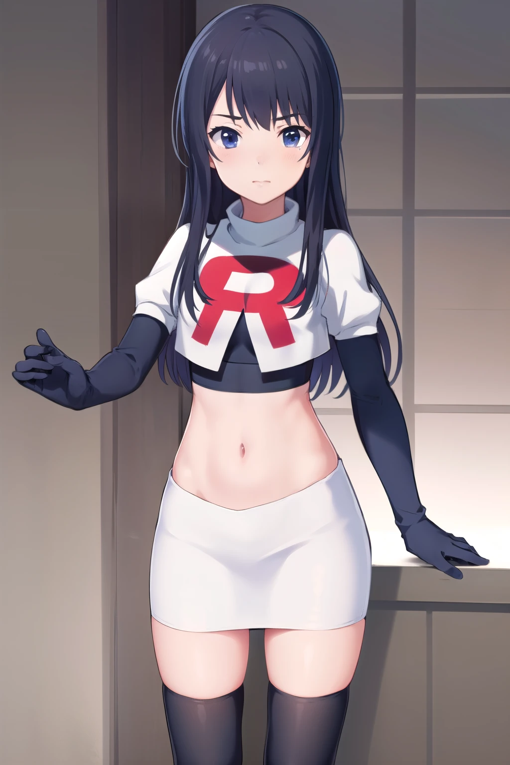 (masterpiece, best quality), 1girl, solo, nagase kotono, blush, team rocket,team rocket uniform,white skirt,red letter R,crop top,black thigh-highs,black elbow gloves
