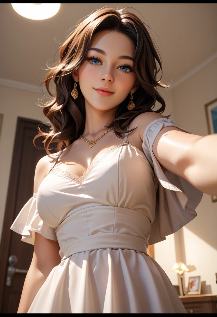 ((Beautiful girl:1.3)) ((thin_fabric:1.4)) ((Random sexy poses:1.3)) ((Sweaty:1.5))((Blushing:1.4)) ((midium Breasts:1.4)) ((close:1.2)) highest quality,masterpiece,Ultra-high resolution,(Realistic:1.4),RAW Photos,(Real skin texture:1.3),(Film Grain:1.3),Panorama,Portraits,Very wide shot,Tight waist,Cowboy Shot,(In the Dark, Deep Shadow, Modest, Cold Light,) night,(()),Tears flow,,Dust,Tyndall effect,(Performance),One girl,Beautiful and detailed eyes and face,White Jabot,Brown eyes,((Brown Hair:1.2)) ((whole body:1.3)) ((smile:1.3))((Loosely inward wavy hair:1.2)),((Gold Necklace_Large earrings:1.2)),((Extra long brown hair:1.2))((standing gracefully:1.6))((full figure supermodel standing, entire body in frame)),((wearing white mini dress adorned with intricate silver embroidery:1.3))((A shy smile:1.3)),(inside private jet, indoor, hyper detailed background:1.6)),