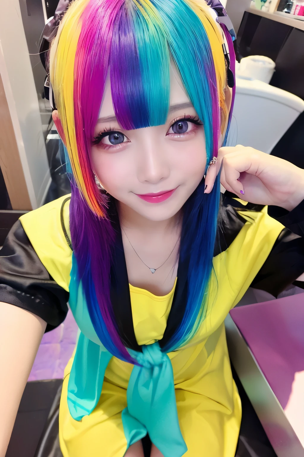 high quality:1.3, realistic、high resolution, realistic、8k、16k、 Masterpiece:1.4, details.Impressive、Depiction of belly up、Alone、 cutting-edge photo portrait of a woman、 smiles、Expression of happiness、The way you look at someone you love、 yellow、Cyan, and purple, (( her colorful hair is gathered in a high position、Various hair colors:1.3)) 、 her vibrant makeup has become a real eye-catcher、Beautiful nature