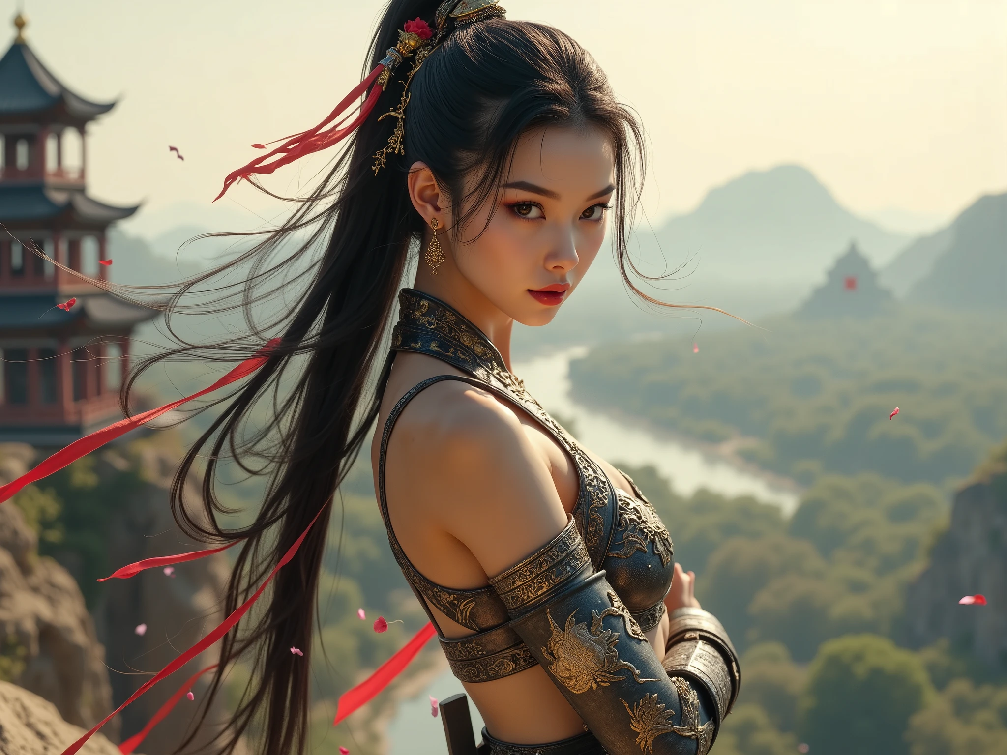 A skinny Chinese woman, 18 years old, with a delicate and slender body, but a strong and imposing posture. Her hair is long and black, with fringes and an extremely long ponytail, adorned with golden ornaments in Chinese style.
Her intense eyes shine with a seductive and challenging touch, her arched eyebrows reveal confidence, and her red lips , slightly parted , suggest mystery. The strong wind blows , throwing a loose lock of hair over her face, highlighting her dangerous beauty.
She wears a Chinese warrior costume, made of dark leather and gold and silver metal plates, designed to be tactical and sensual. The tight chest enhances your silhouette, with strategic cutouts revealing parts of her skin. Metallic armbands protect your arms, while the split leather and metal skirt allows mobility, showing her slender legs as she moves. Red ribbons dance in the wind, adding an elegant and lethal touch.
standing on the edge of a cliff, she faces an immense and majestic valley, where rivers twinkle under the dawn and ancient temples emerge from the mist. The wind raises dust and leaves, shaking her clothes in a subtly provocative way.
she crosses her arms, an enigmatic smile and seductive on the lips, watching the horizon. The world stands before her, and she is ready to dominate it. The scene is hyper-detailed , photorealistic , with cinematic lighting and vibrant colors in 8K resolution, presenting perfect anatomy and an impressive visual .