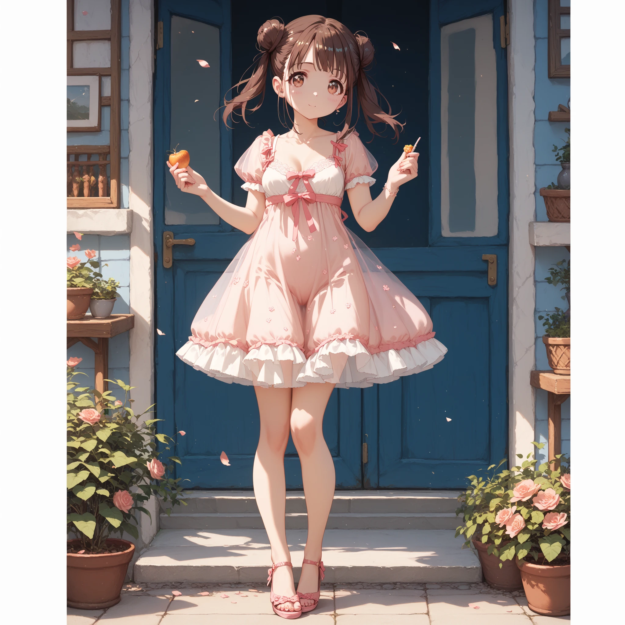 (Cute Baby Chibi Anime:1.3),(Best Quality) (Master Price)、Sauvage Hair、(Brown Jasper Pattern Off Shoulder Dress:1.4)、Put one hand on your hip、Stand with your legs open、high-heels、Shoulder bag、long stairs、a small face)