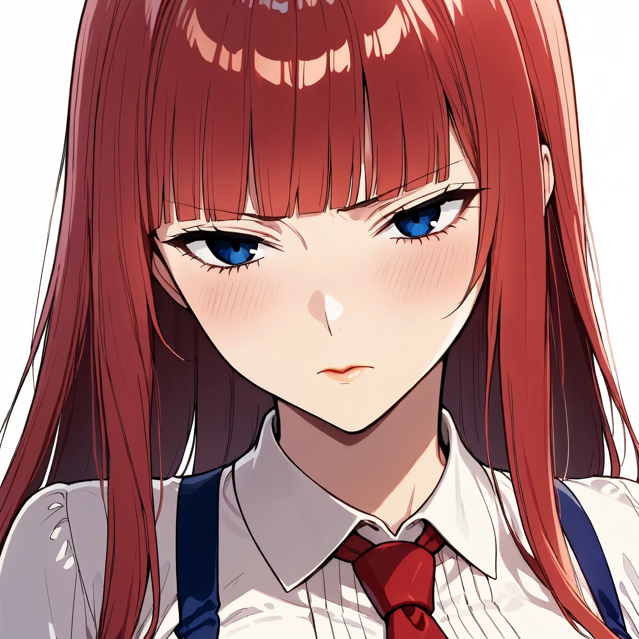 、Blush, shy squeal、 、Red hair heroine、1girl ,Red hair heroine face、 adult female, blue eyes,Mature Women,
Straight hair,Long hair ,Red Hair, blunt bangs,Sharp Eyes, blue eyes, white background、light blush, light pinck lips,Blue suspenders, red tie, White blouse with collar, Serious,