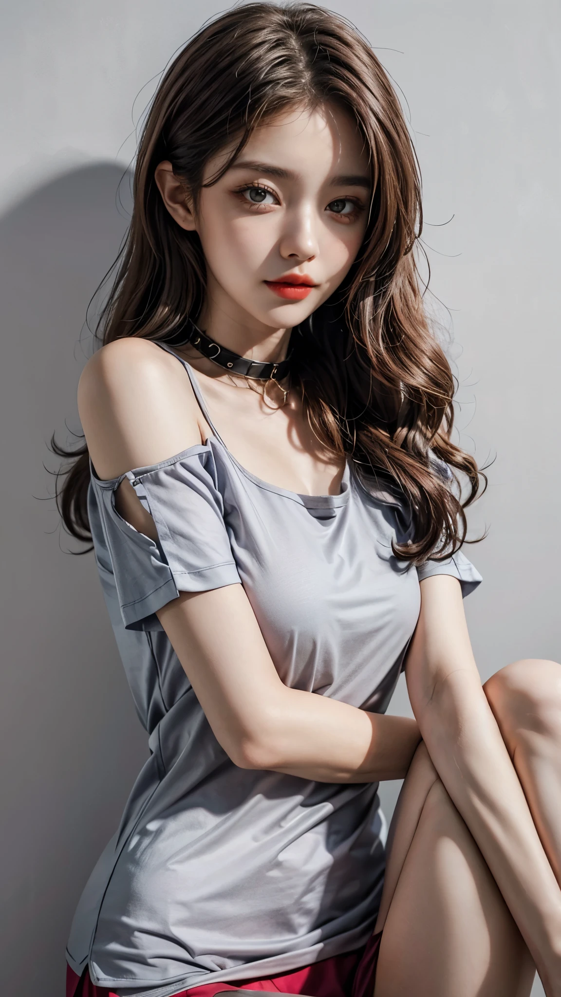 ((Lighting like fashion, Realistic lighting, Best Quality, 8K, masutepiece)), ((Clear focus:1.4)), BREAK (One kawaii girl, One Women, Solo, Very Beautiful Women in their late 10s, Change face type randomly & Women's hair:1.2), BREAK (Perfect beauty, ((Very Porcelain Skin, Very Fair Skin, Fine and Beautiful Skin:1.3)), Super Smart, Faces with random and very beautiful details, Fine face, Symmetrical beautiful face, symmetrical beautiful eyes, Fine Eyes Detail, Large eyes, Hyper Detail Eyes, Both eyes are synchronized, Focused Gaze, on focus, Look at us, Thin Lips, Crimson Red Color Lipstick), BREAK ((8 Head-toll, sloped shoulder, narrow shoulders, thin upper chest, Thin under the chest, thin waist:1.3), (Large Breasts, Soft and Well-Shaped Breasts:1.5)), (Random Length Straight Hair with Bangs), (Exquisite beautiful facial features) BREAK (Navy Blue, Sleeveless, (Collarless, Button-down shirt up to the neck):1.5), BREAK (Black Choker), slim figure, BREAK (Random emotions, Random poses conscious of body lines synchronized with emotions, randam angle, Random Location, Random position:1.3), (In the Ruins), Double eyelids,